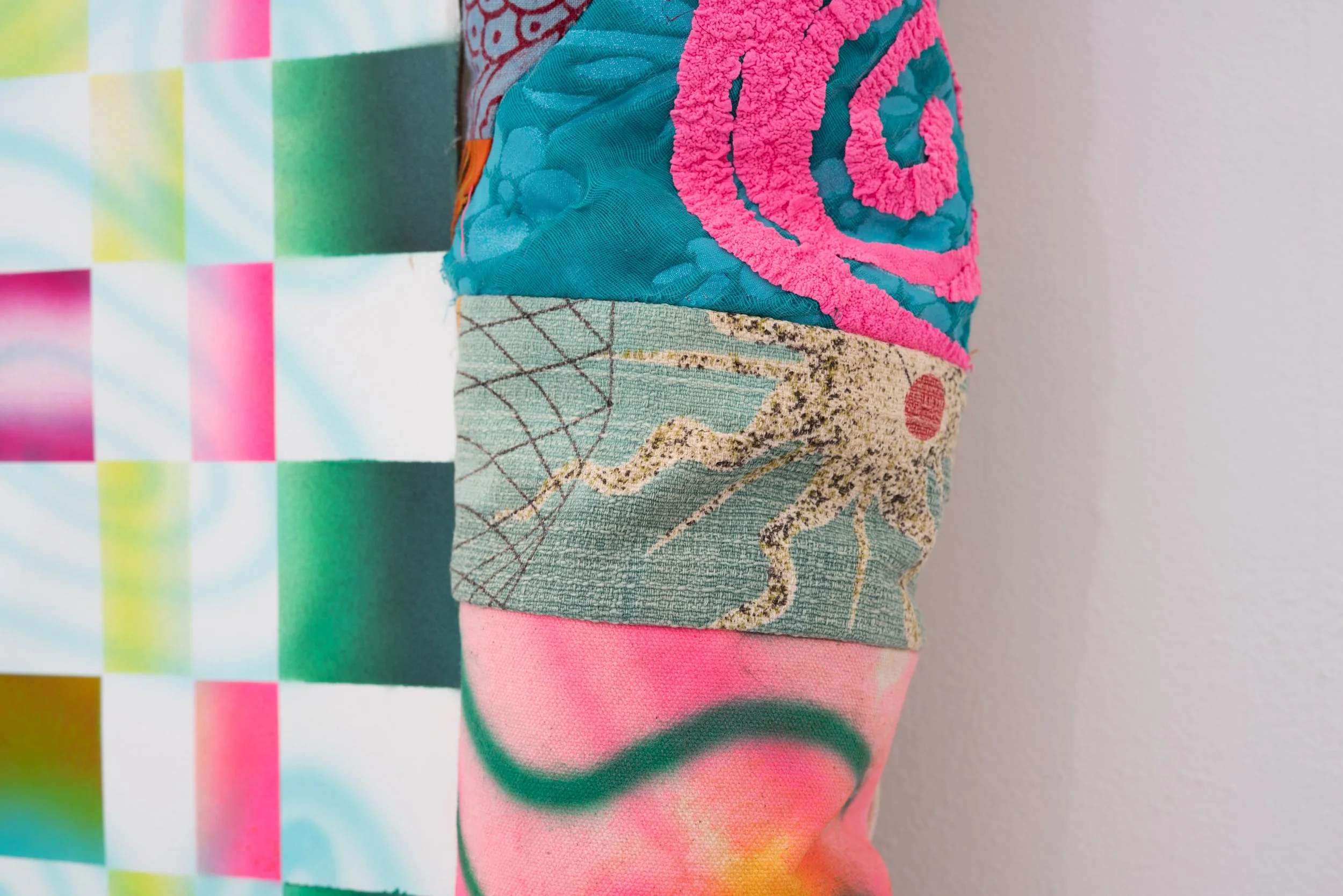 Simone Siegel,  ALTA CLOCKER  (detail), 2025. Acrylic on paper mounted on panel in upholstered textile frame, clay, plastic eyeballs, electronics, 57 x 47 x 5 1/2 in.