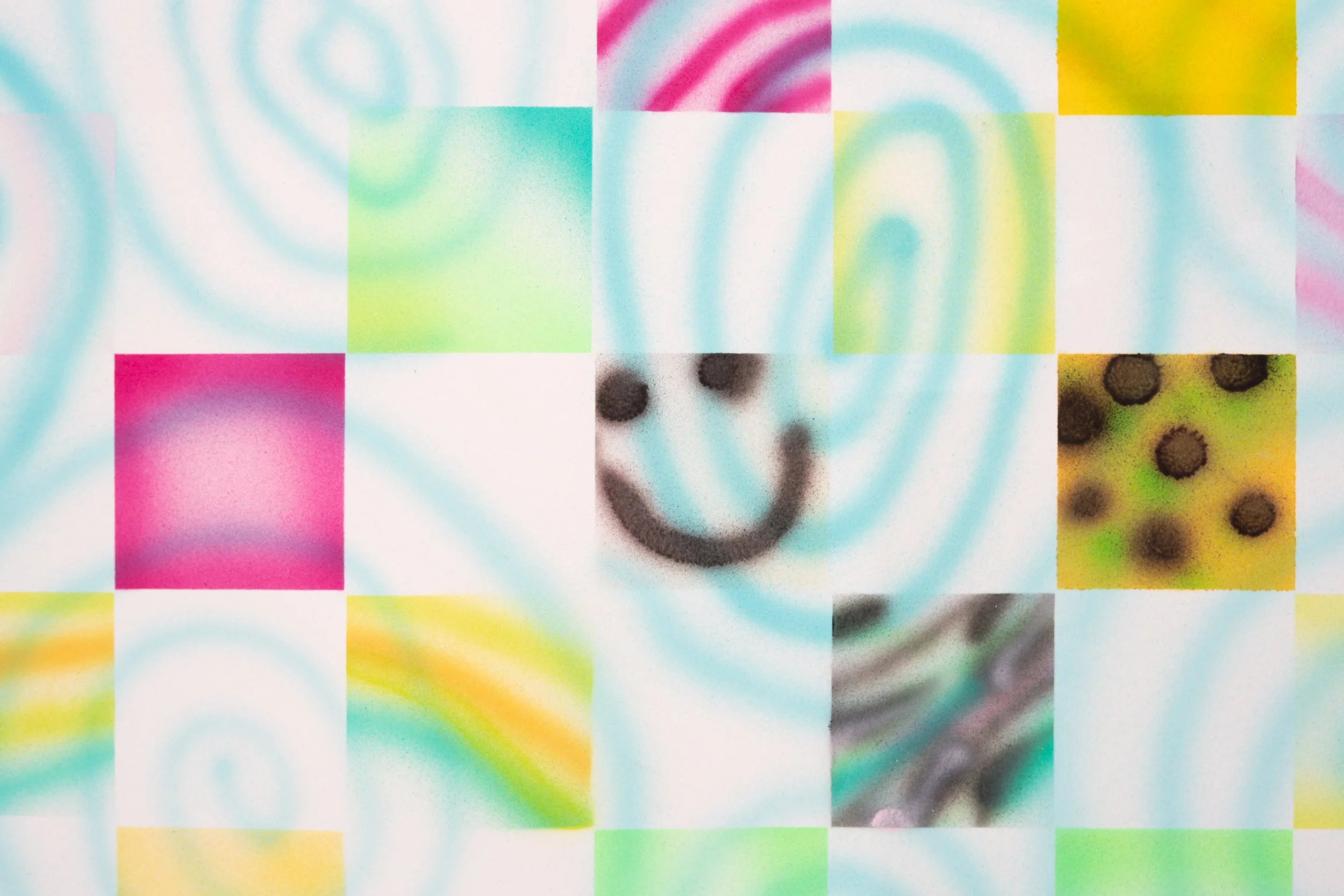 Simone Siegel,  ALTA CLOCKER  (detail), 2025. Acrylic on paper mounted on panel in upholstered textile frame, clay, plastic eyeballs, electronics, 57 x 47 x 5 1/2 in.