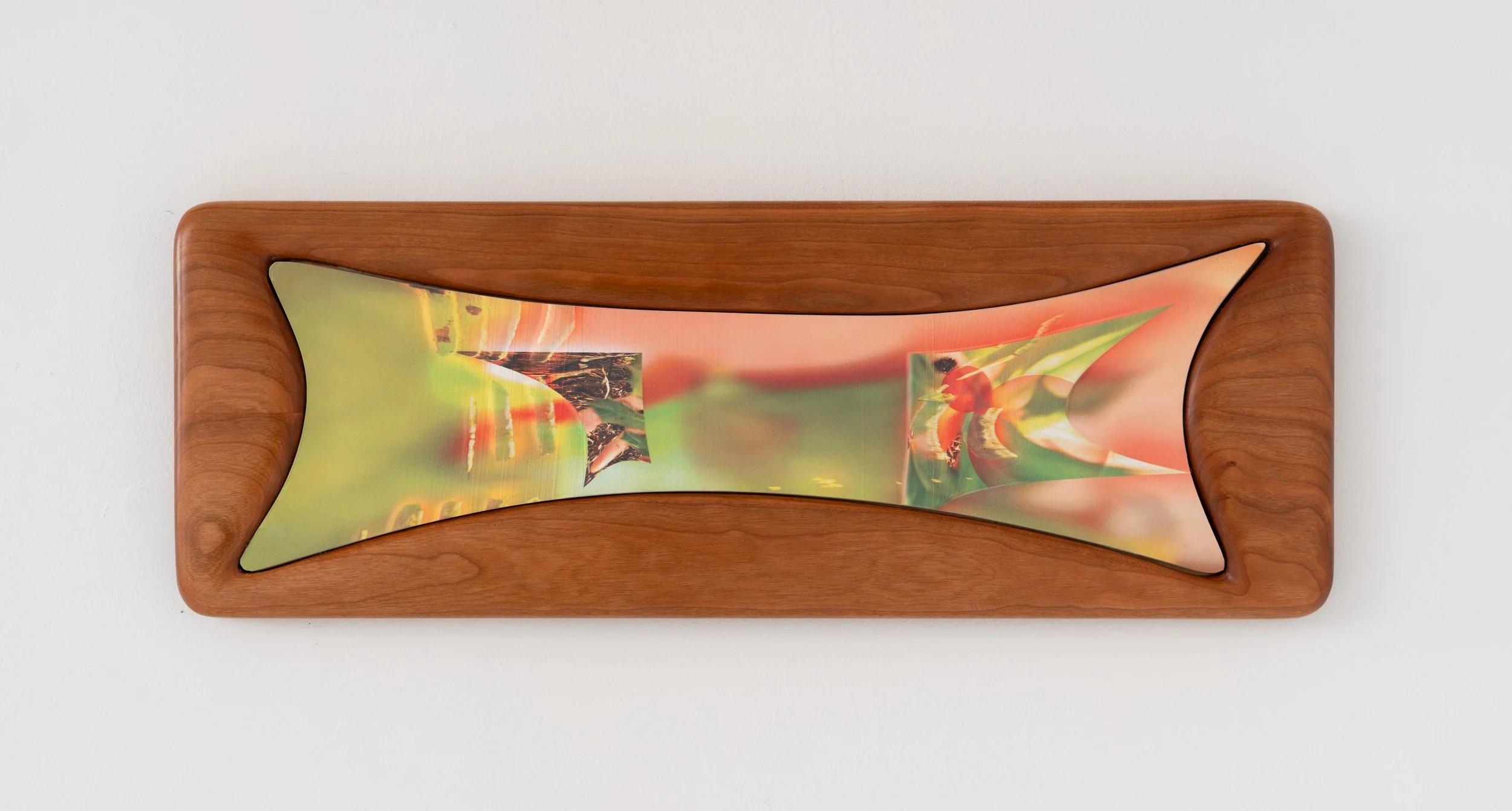 Neal Cashman,  Leaf , 2026. Cast Plaster, UV print, Cherry Frame, 8 x 22 x 1 in.