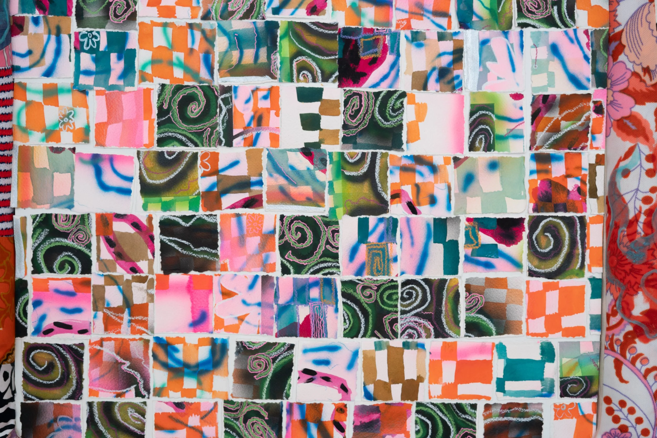 Simone Siegel,   DEALINGWITHTHEIDLE   (detail), 2025. Acrylic on paper mounted on panel in upholstered textile frame, 27 x 28 x 3 1/2 in.