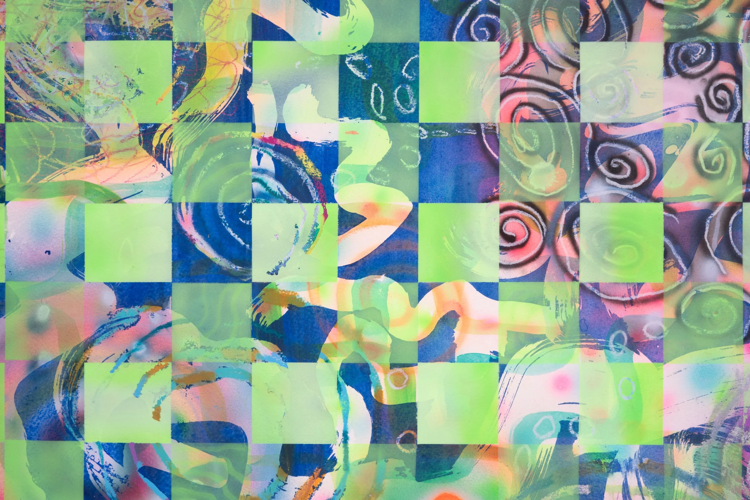 Simone Siegel,  I ROB BANKS  (detail), 2025. Acrylic on paper mounted on panel in upholstered textile frame, 38 x 35 x 5 1/2 in.