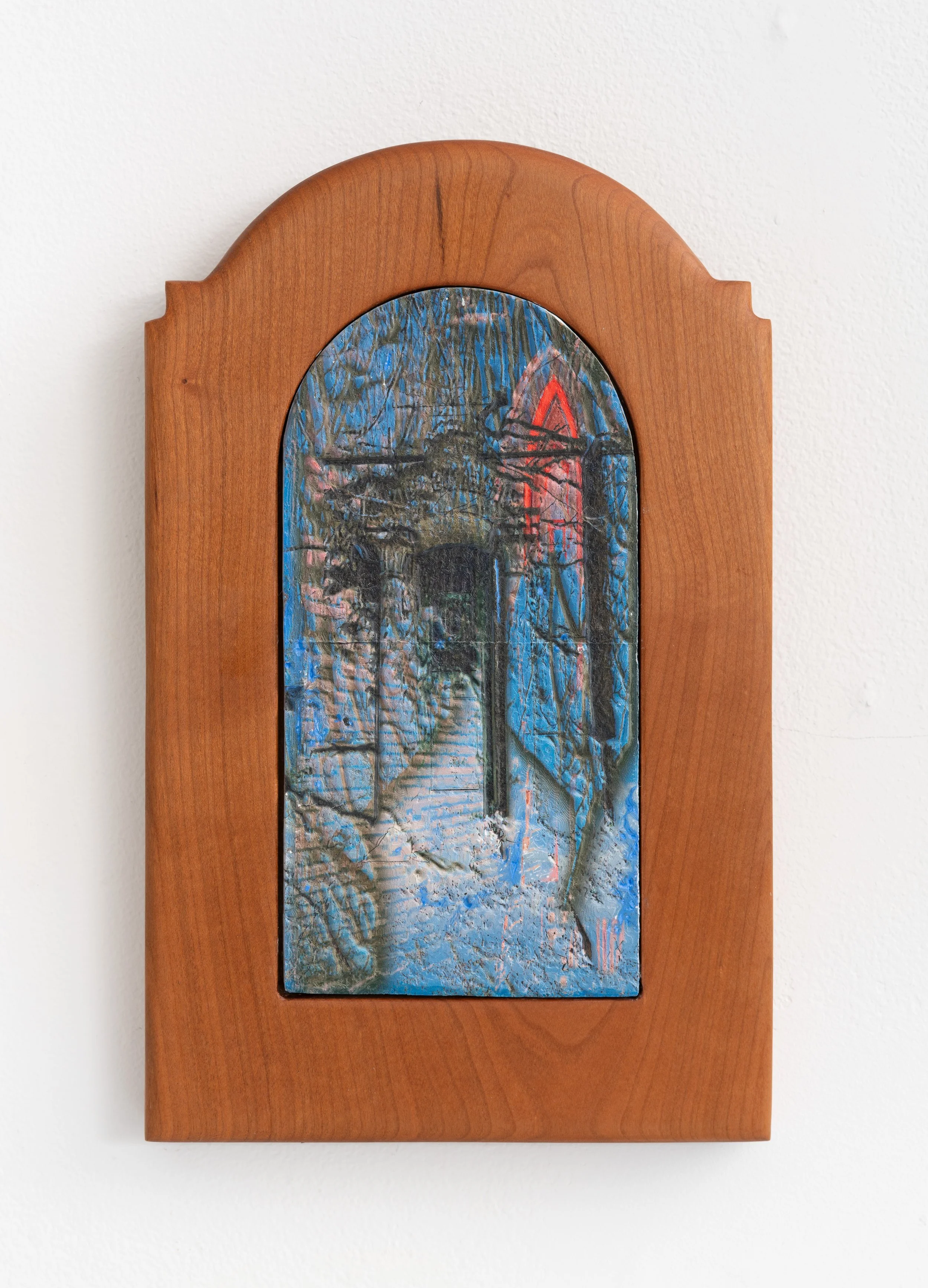 Neal Cashman,  Arch 2 (Mausoleum) , 2025. Cast Plaster, UV print, Cherry Frame. 13 x 7 in.