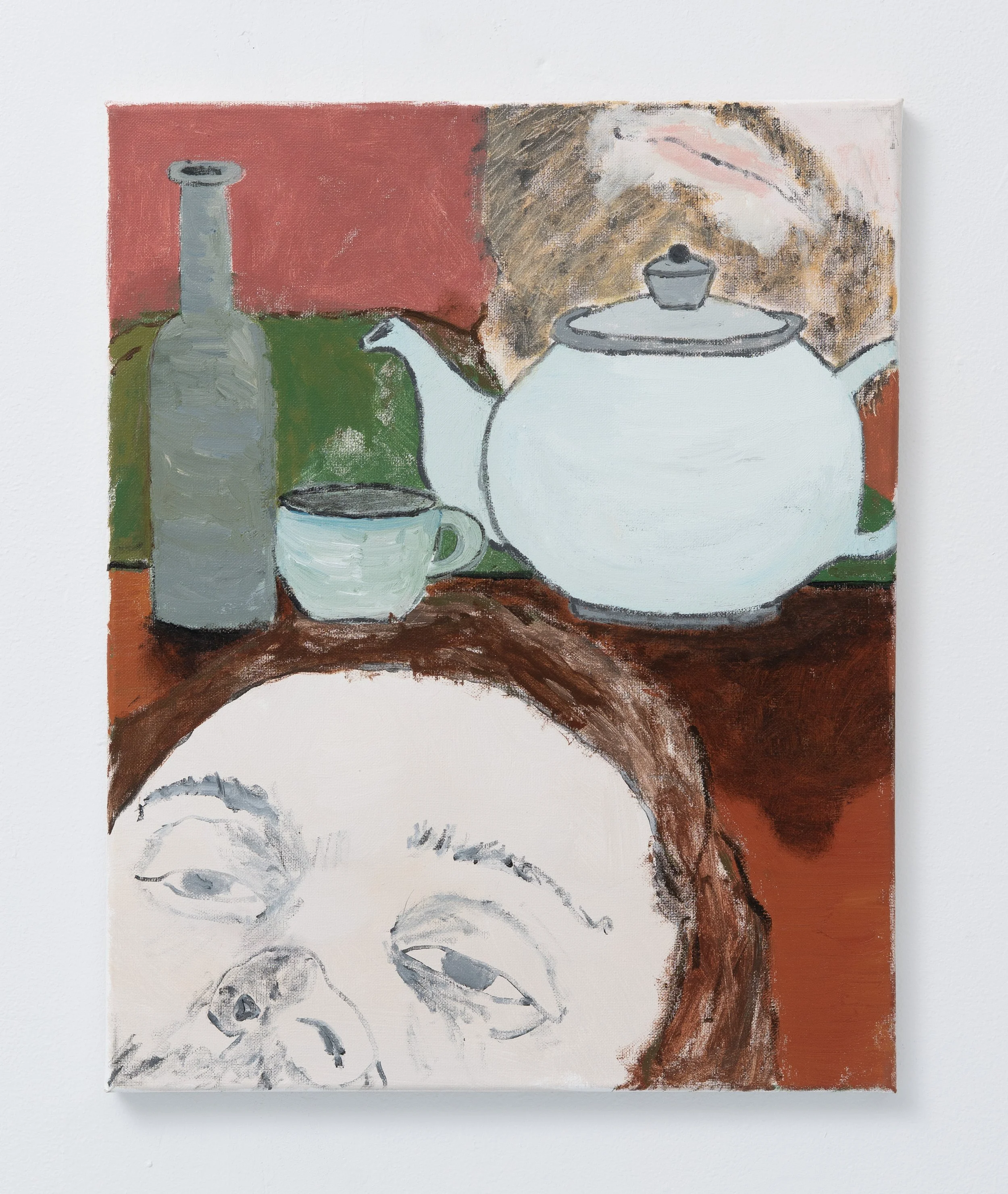 Chris Retsina,  Morandi, totally not a boring painter , 2025. Acrylic on canvas, 20 x 16 in.