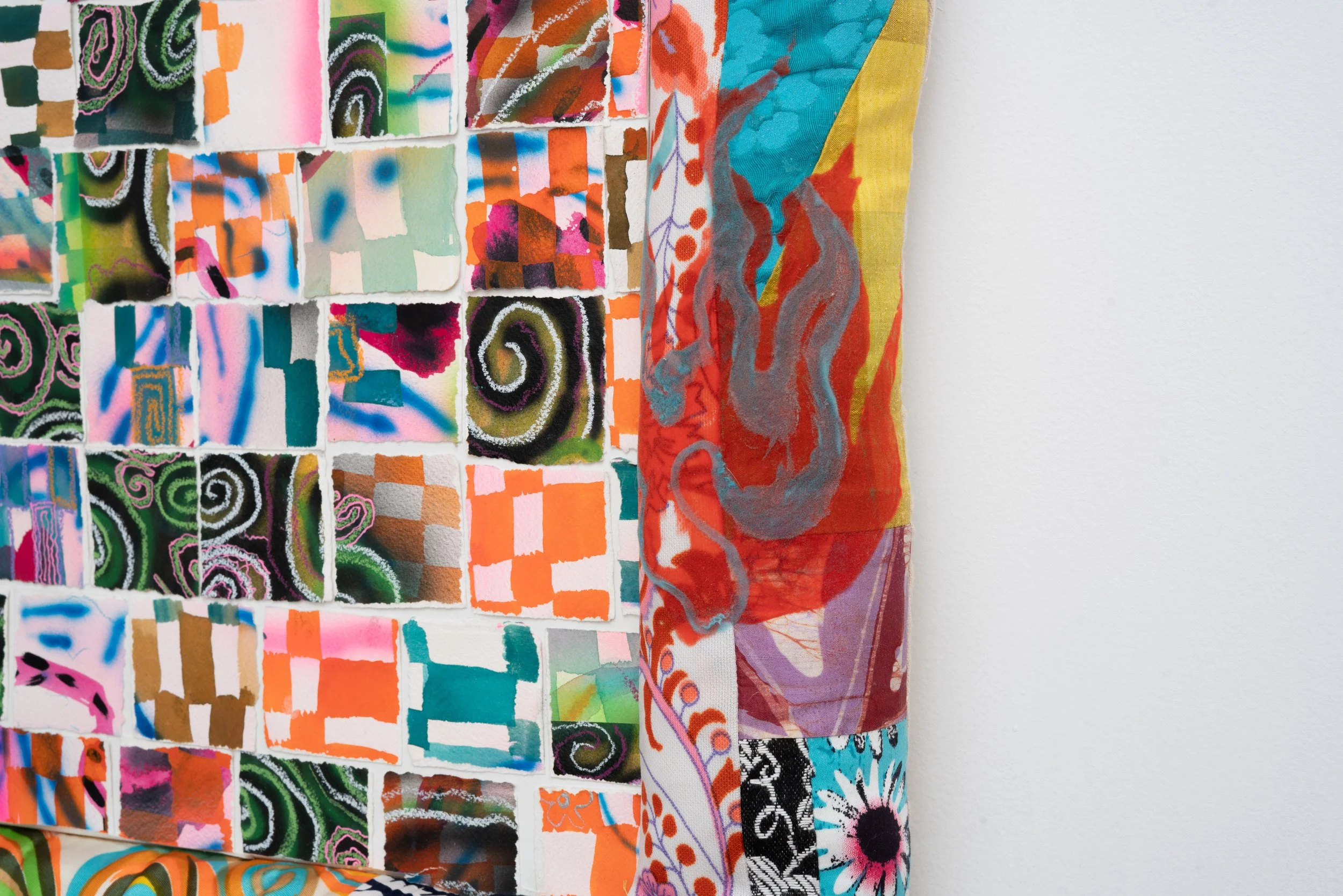 Simone Siegel,   DEALINGWITHTHEIDLE   (detail), 2025. Acrylic on paper mounted on panel in upholstered textile frame, 27 x 28 x 3 1/2 in.