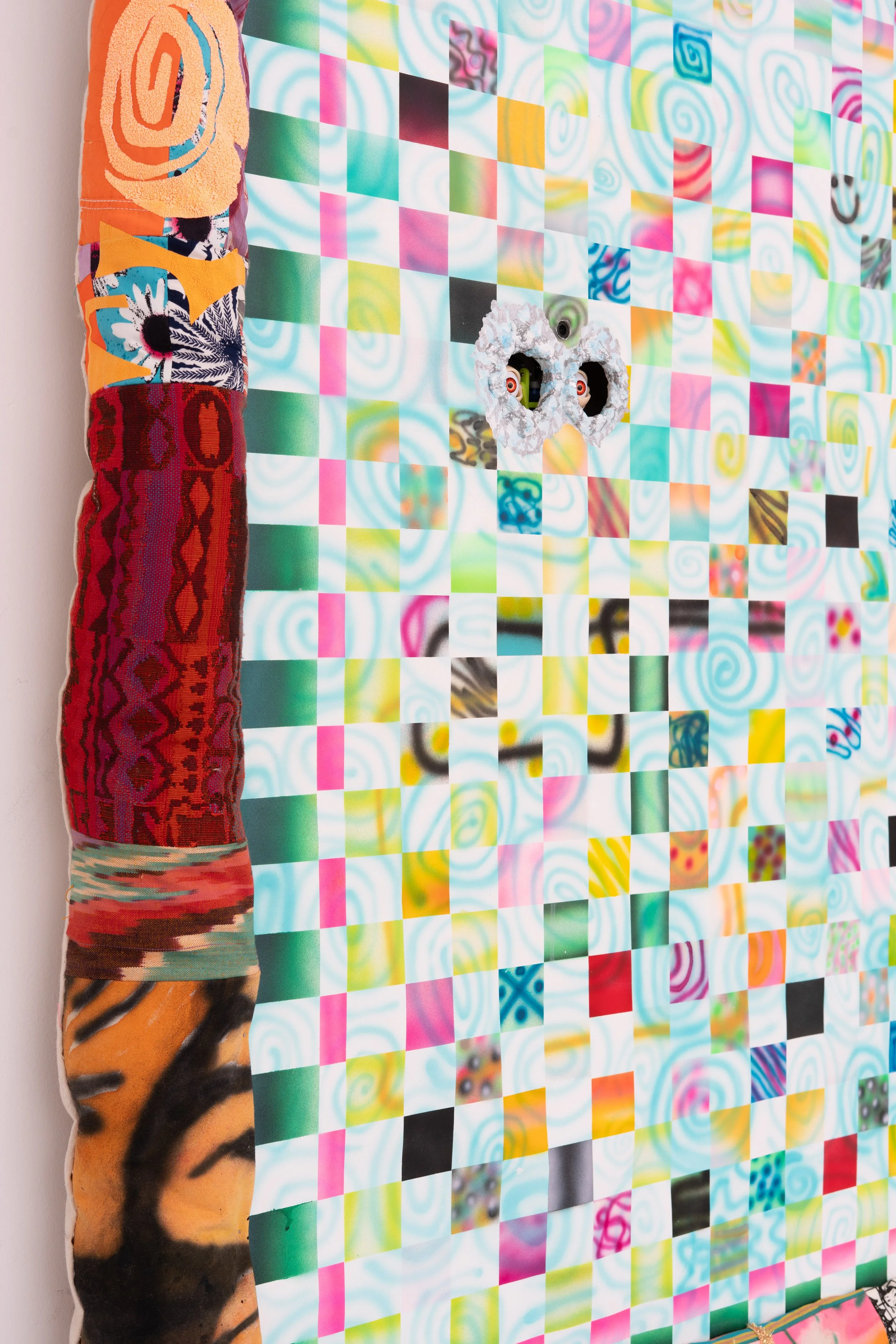 Simone Siegel,  ALTA CLOCKER  (detail), 2025. Acrylic on paper mounted on panel in upholstered textile frame, clay, plastic eyeballs, electronics, 57 x 47 x 5 1/2 in. Electronics consulting and fabrication by Lee Matos.