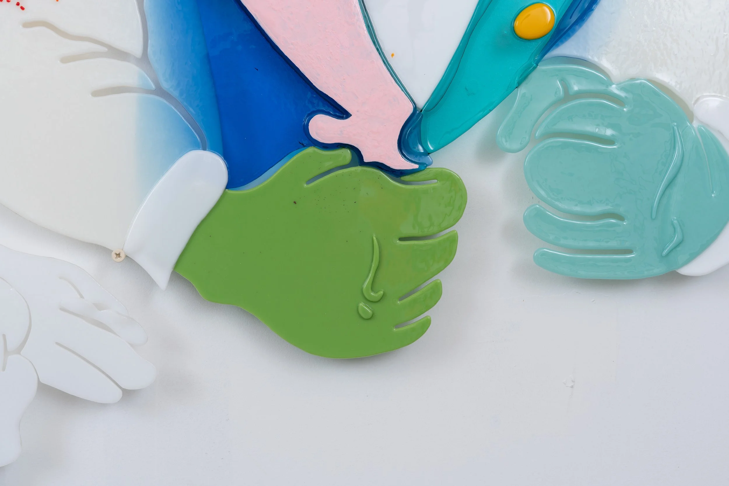 Jonny Campolo,  Group Therapy , 2025 (detail). Slumped glass, oil paint and powder coated screws, 35 x 64 in.