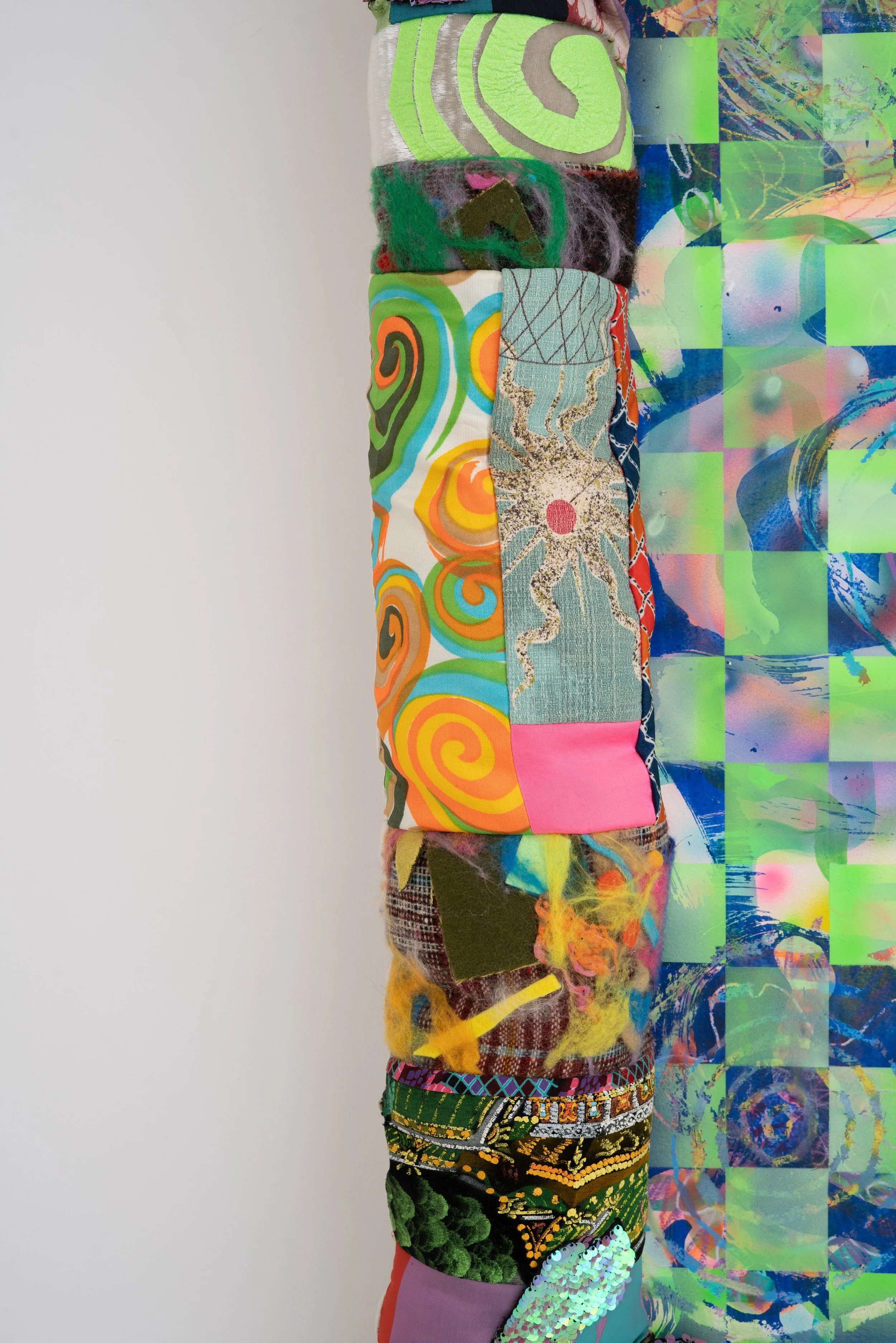 Simone Siegel,  I ROB BANKS  (detail), 2025. Acrylic on paper mounted on panel in upholstered textile frame, 38 x 35 x 5 1/2 in.