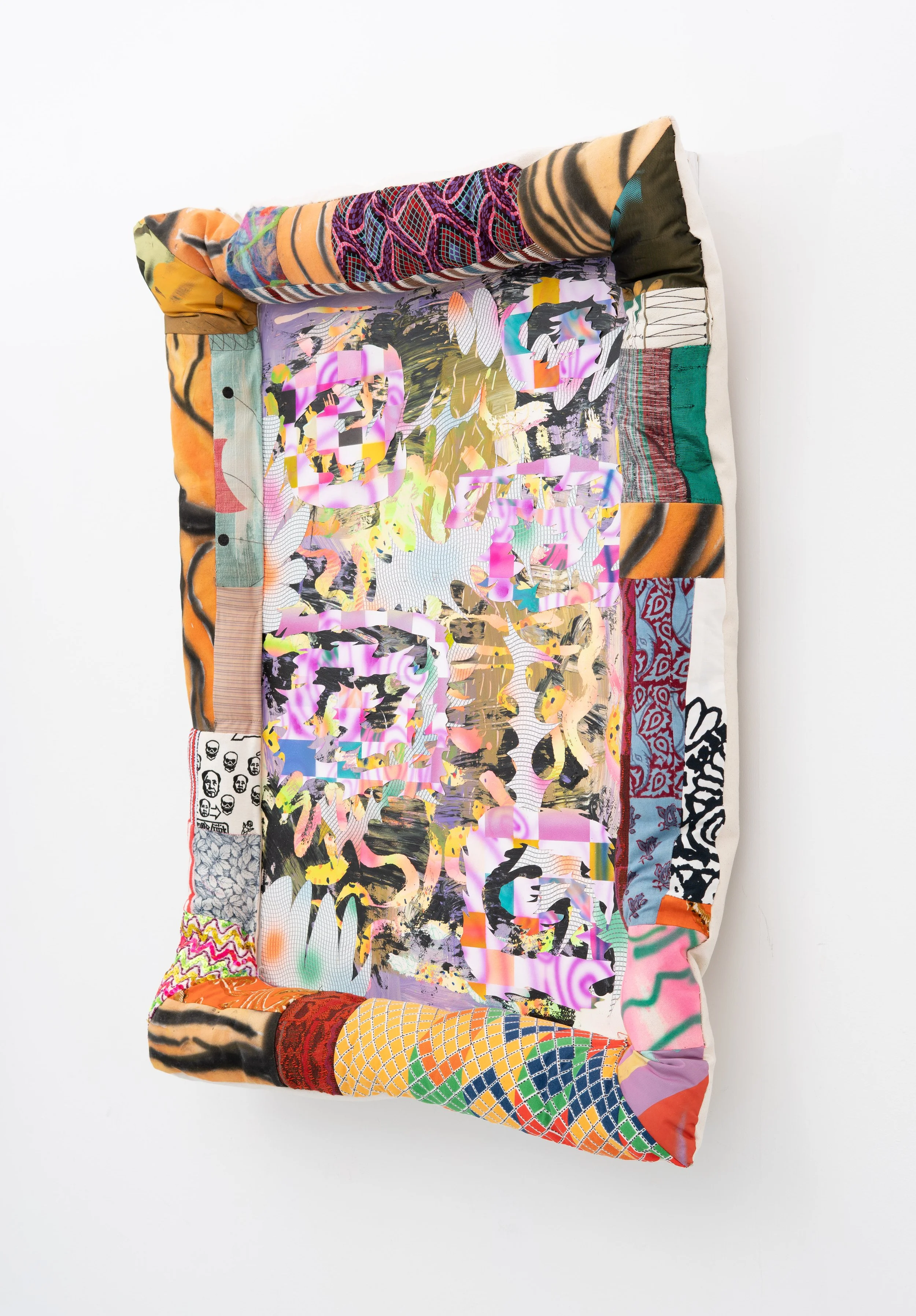 Simone Siegel,  HARBORINGFUGITIVES , 2025. Acrylic on paper mounted on panel in upholstered textile frame, 37 x 33 x 6 in.