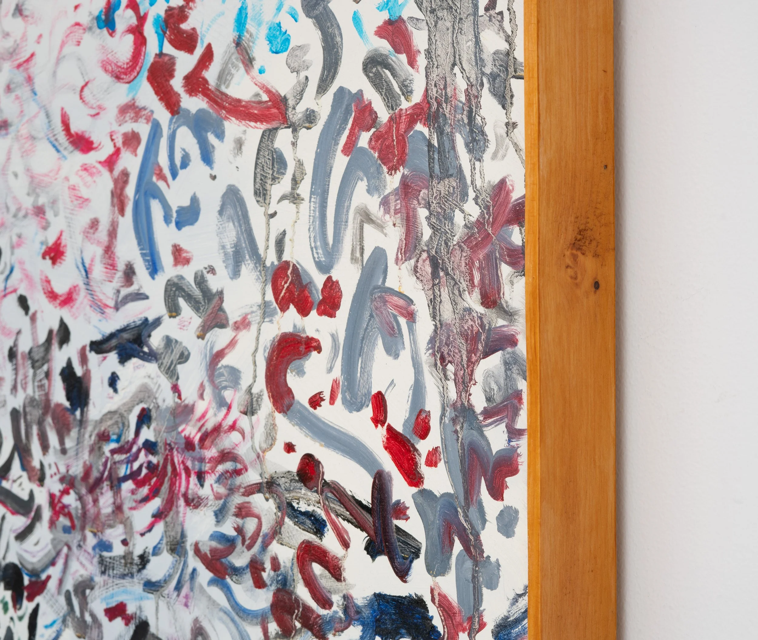 Pat Reynolds,  Landscape , 2025 (detail). Oil, acrylic, and latex on gypsum board, pine, shellac; 40 x 50 x 2 in.