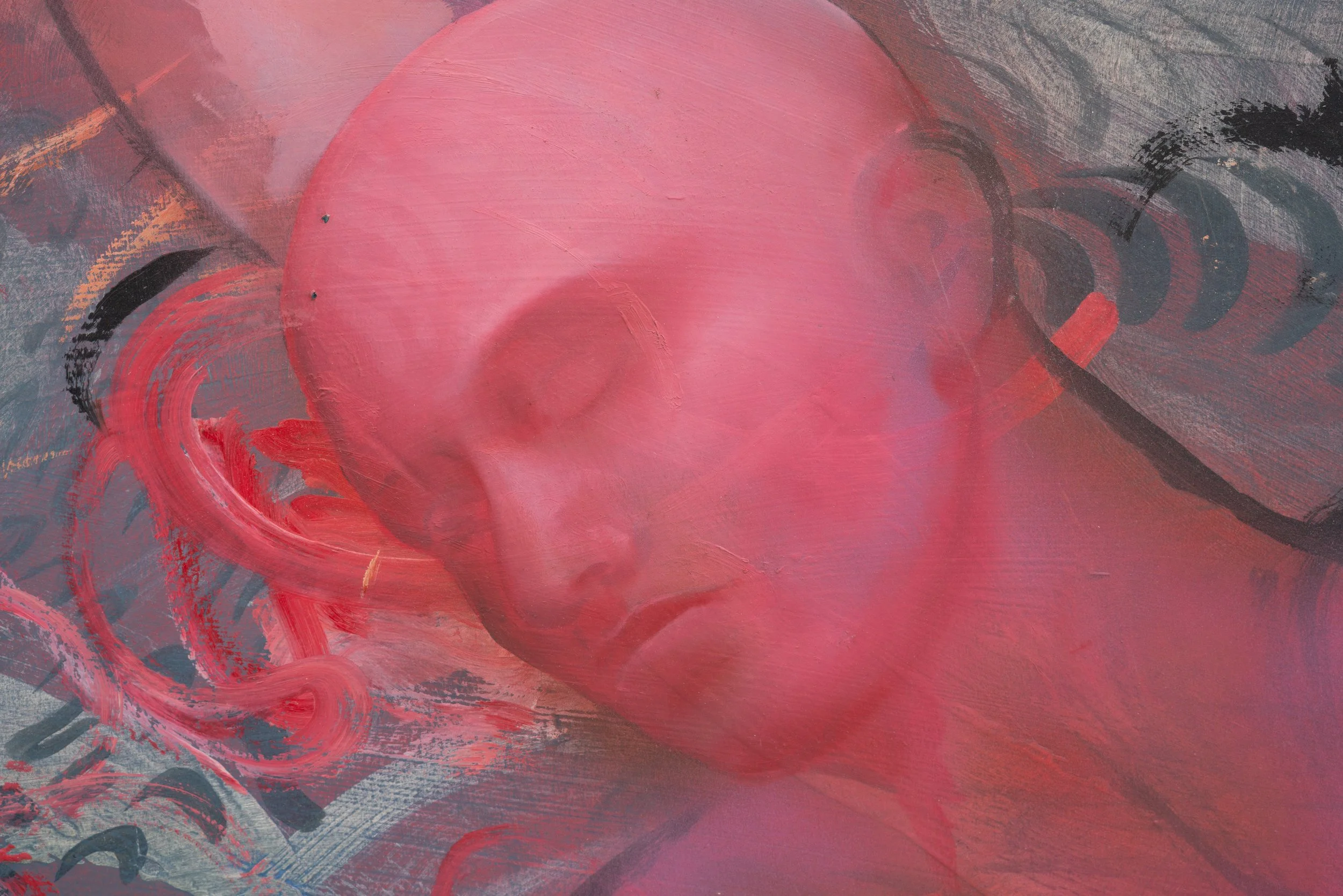 Pat Reynolds,  Venus Lamenting the Death of Adonis , 2024–2026 (detail). Oil, acrylic, and latex on gypsum board, painted pine; 98 x 50 x 2 in.
