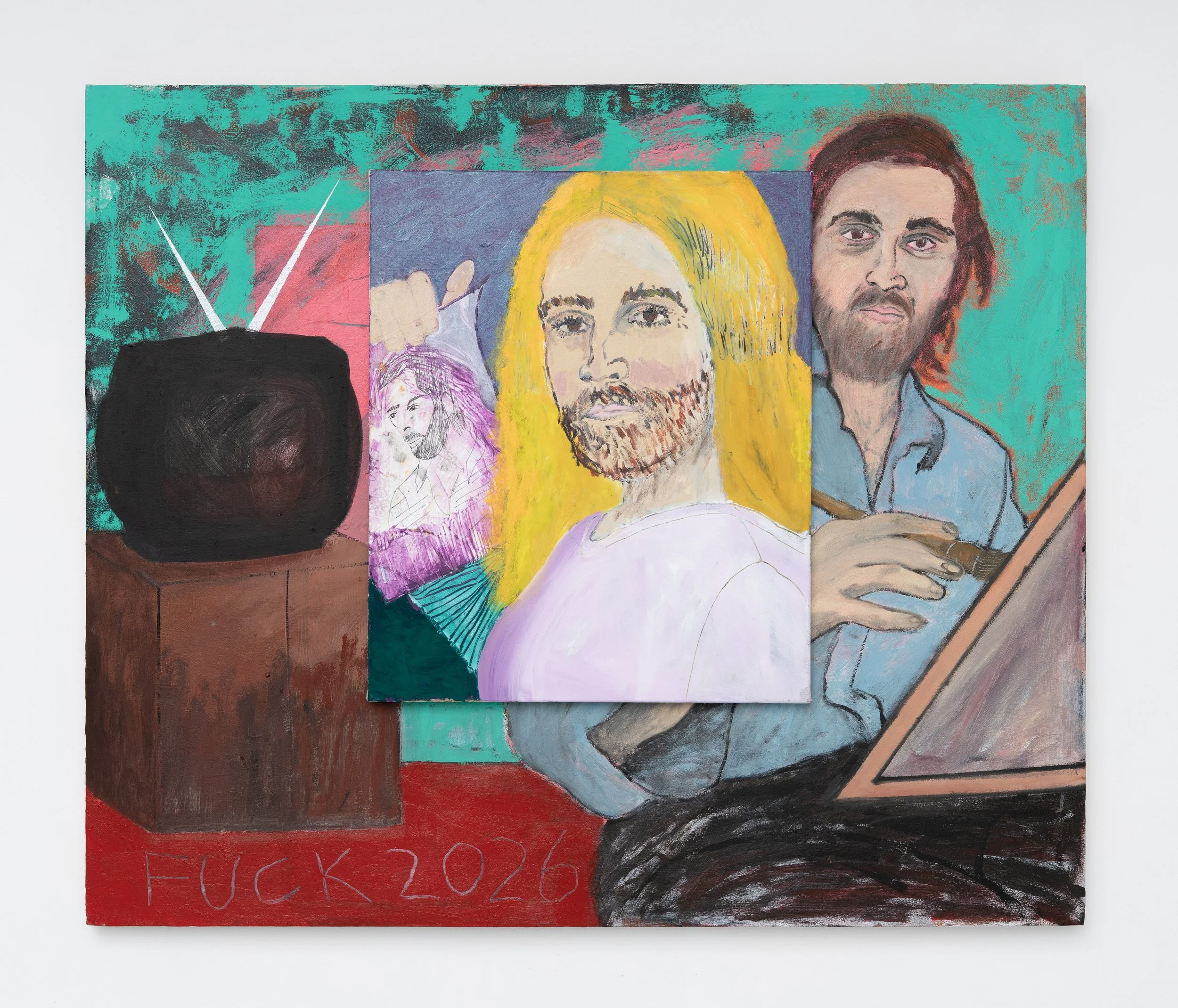 Chris Retsina,  Fuck 2026 , 2025. Oil, acrylic and unrequested portrait on canvas, 38 x 45 in.