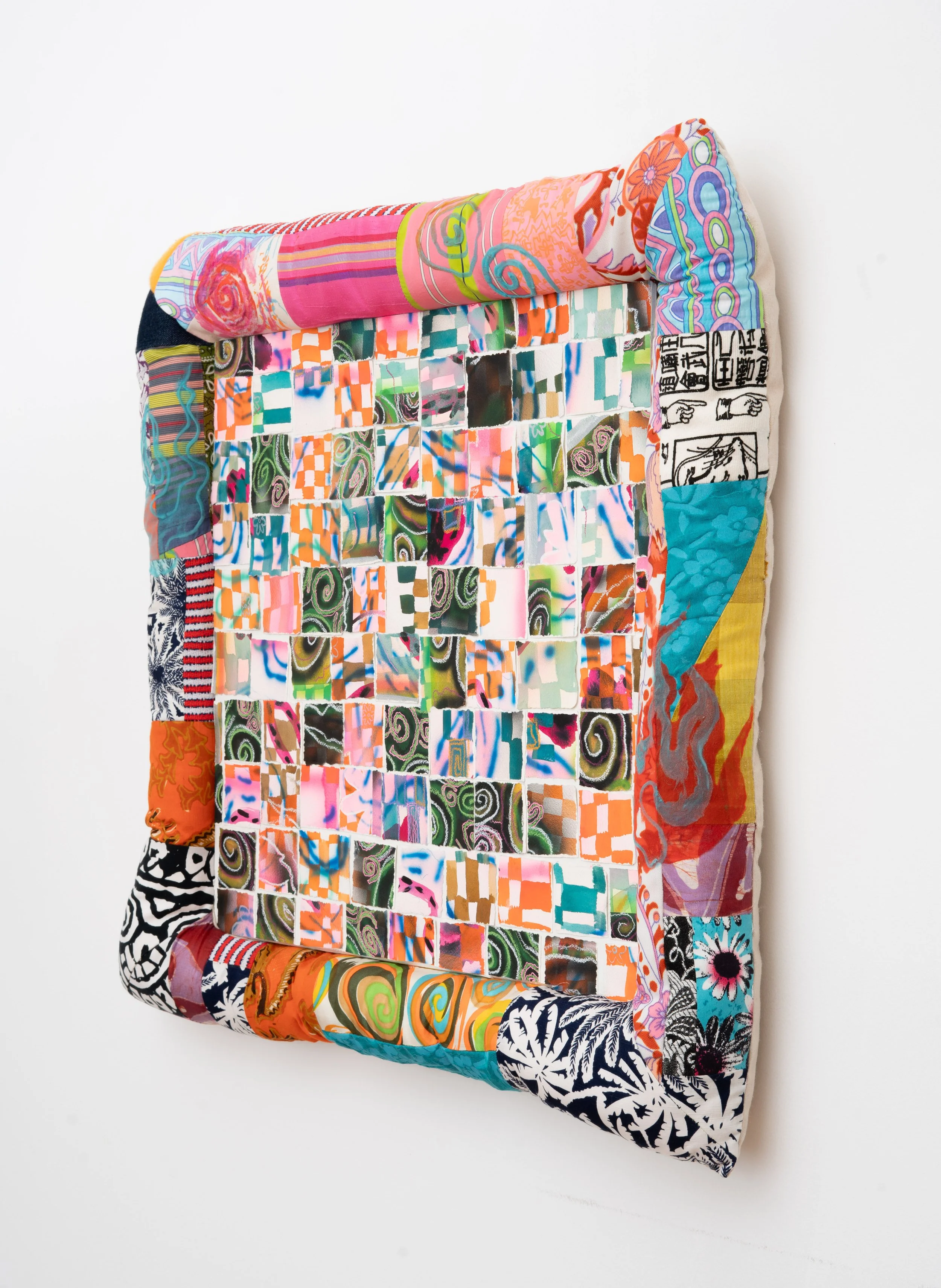 Simone Siegel,   DEALINGWITHTHEIDLE  , 2025. Acrylic on paper mounted on panel in upholstered textile frame, 27 x 28 x 3 1/2 in.