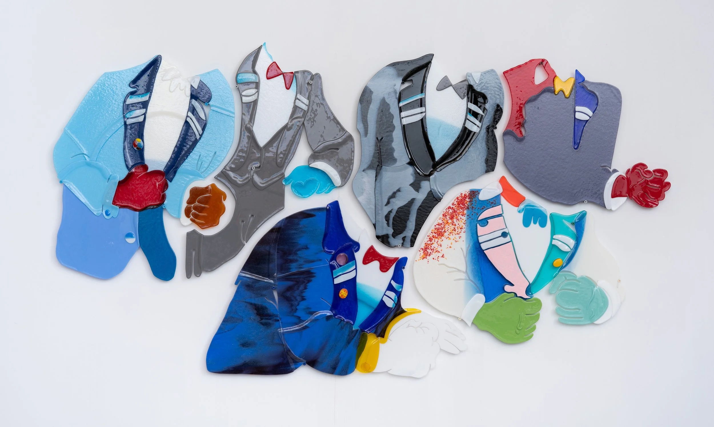 Jonny Campolo,  Group Therapy , 2025. Slumped glass, oil paint and powder coated screws, 35 x 64 in.