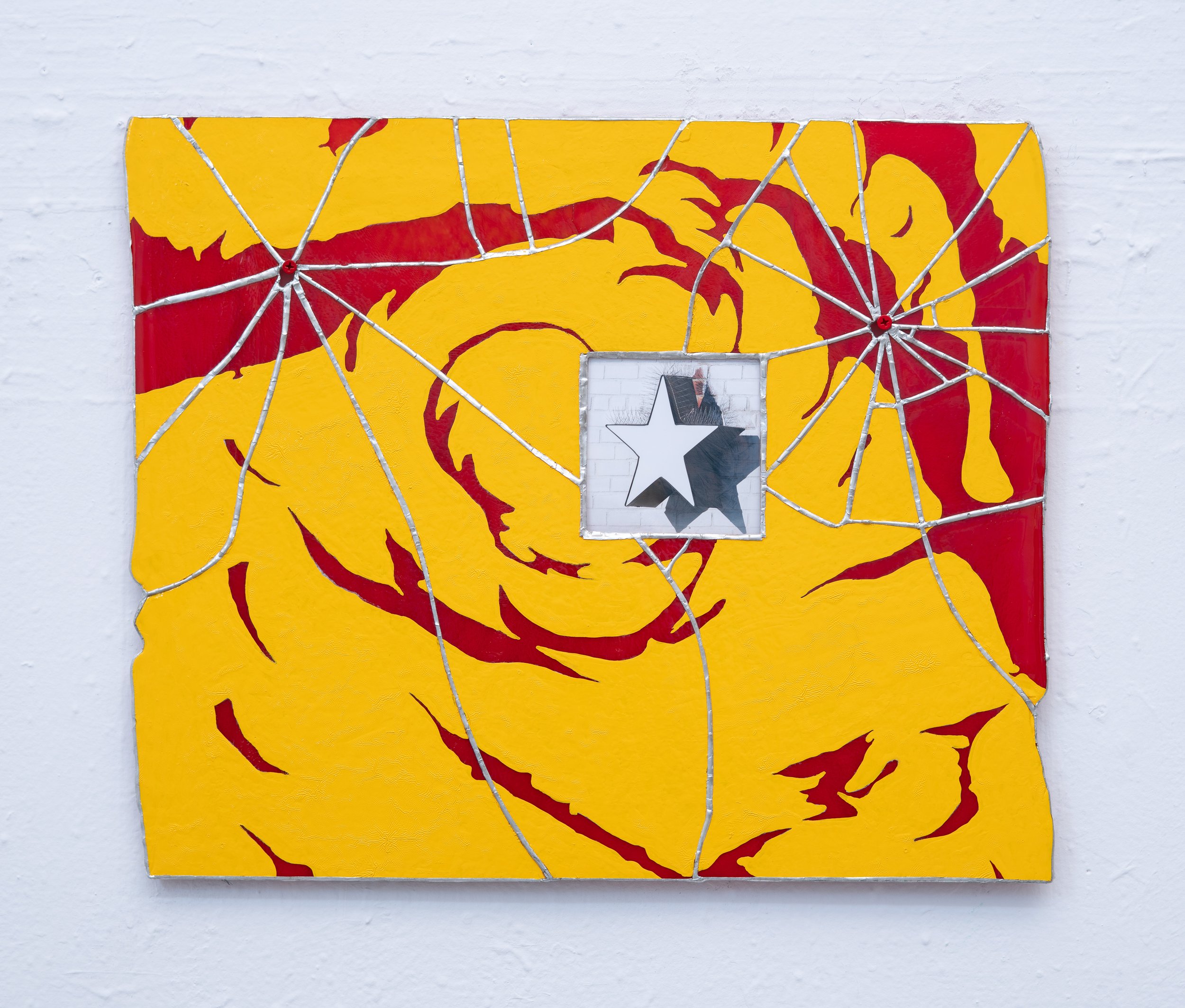 Jonny Campolo,  ⭐ (Star), with Chris Maggio , 2025. Stained glass, silver solder, enamel paint and powder coated screws. 20 x 24 in. Includes  Untitled , 2025, by Chris Maggio (ed. of 50).
