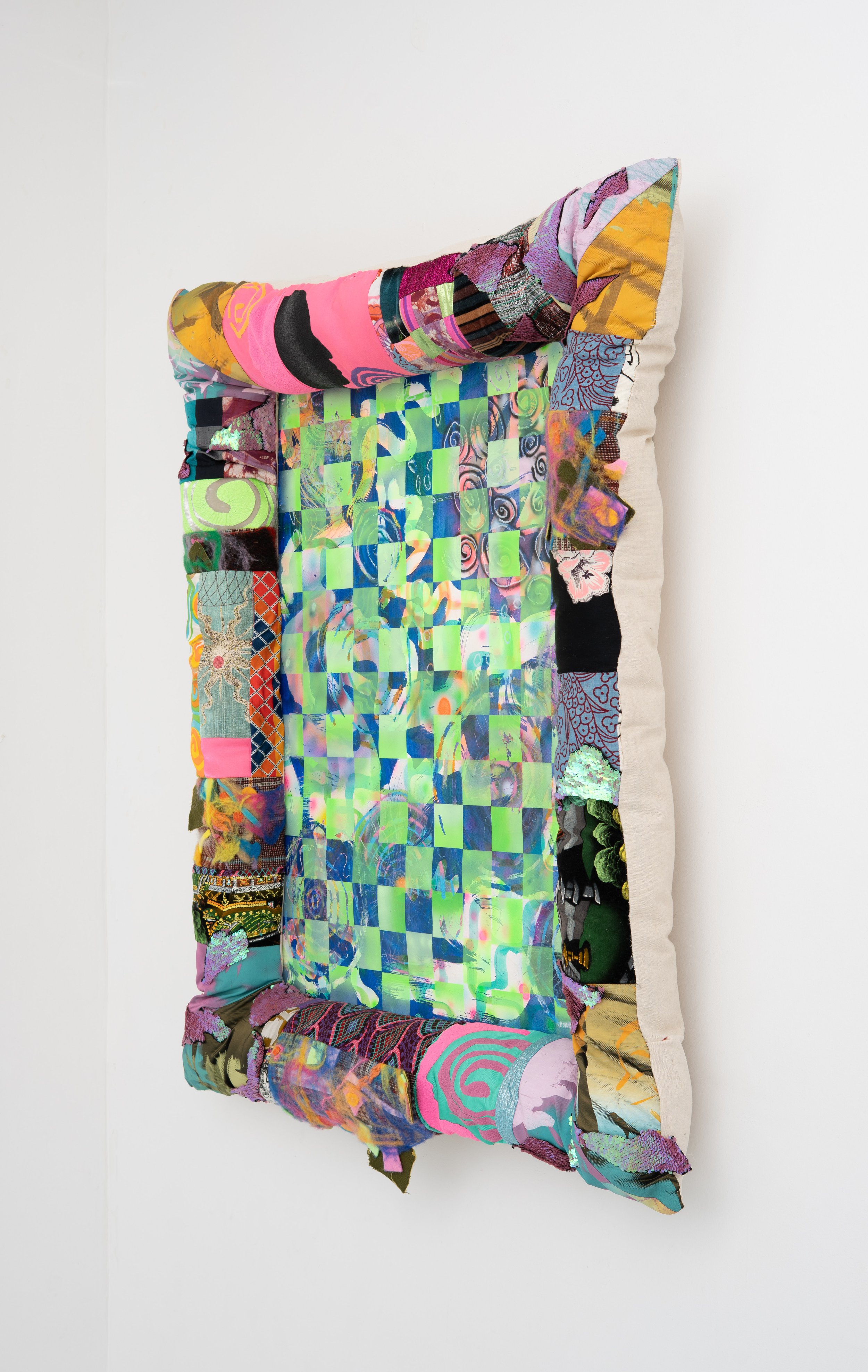 Simone Siegel,  I ROB BANKS , 2025. Acrylic on paper mounted on panel in upholstered textile frame, 38 x 35 x 5 1/2 in.