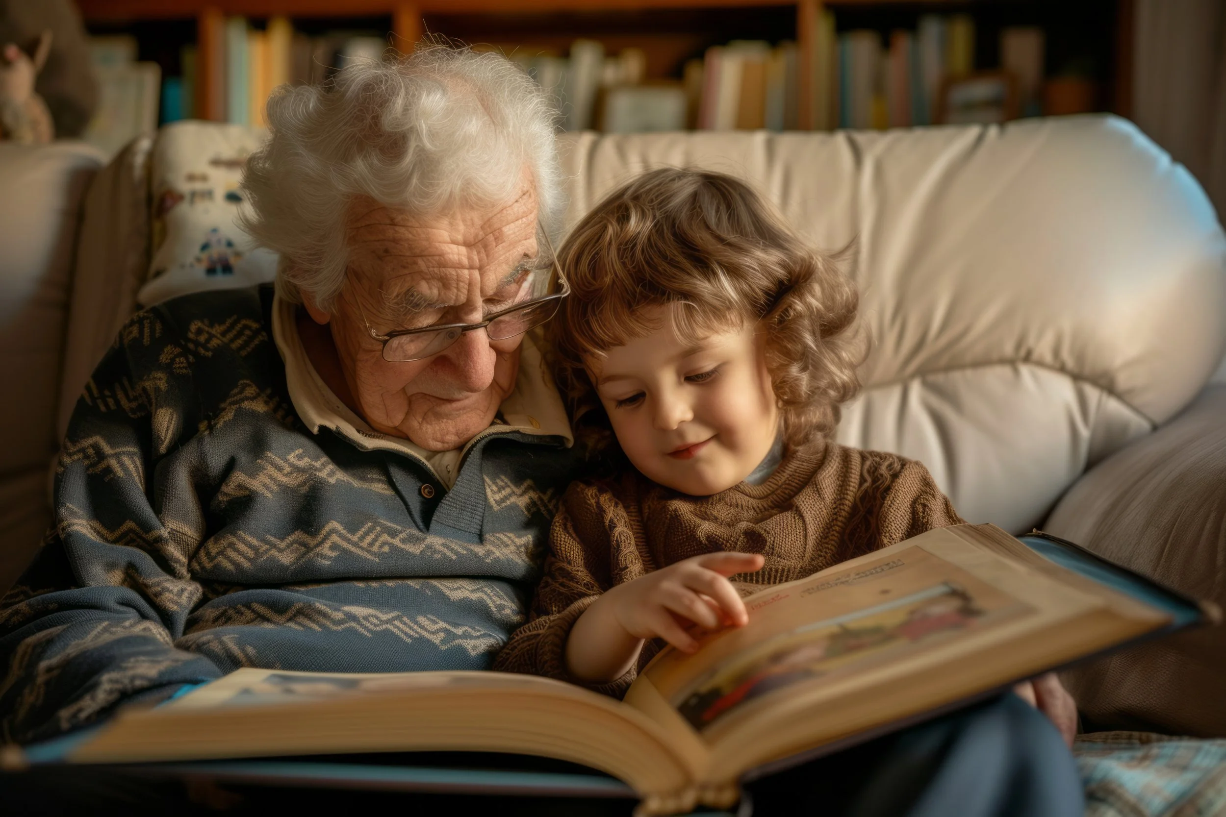 Grandparent reading with child to support heritage language and family connection