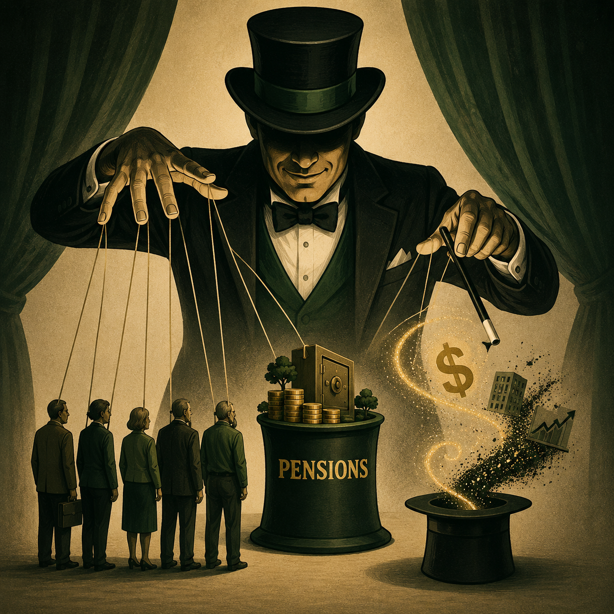 Retirement planning illustration showing a puppet master controlling pension funds and making assets disappear, representing pension risk, retirement security, financial fraud, and oversight of retirement investments.