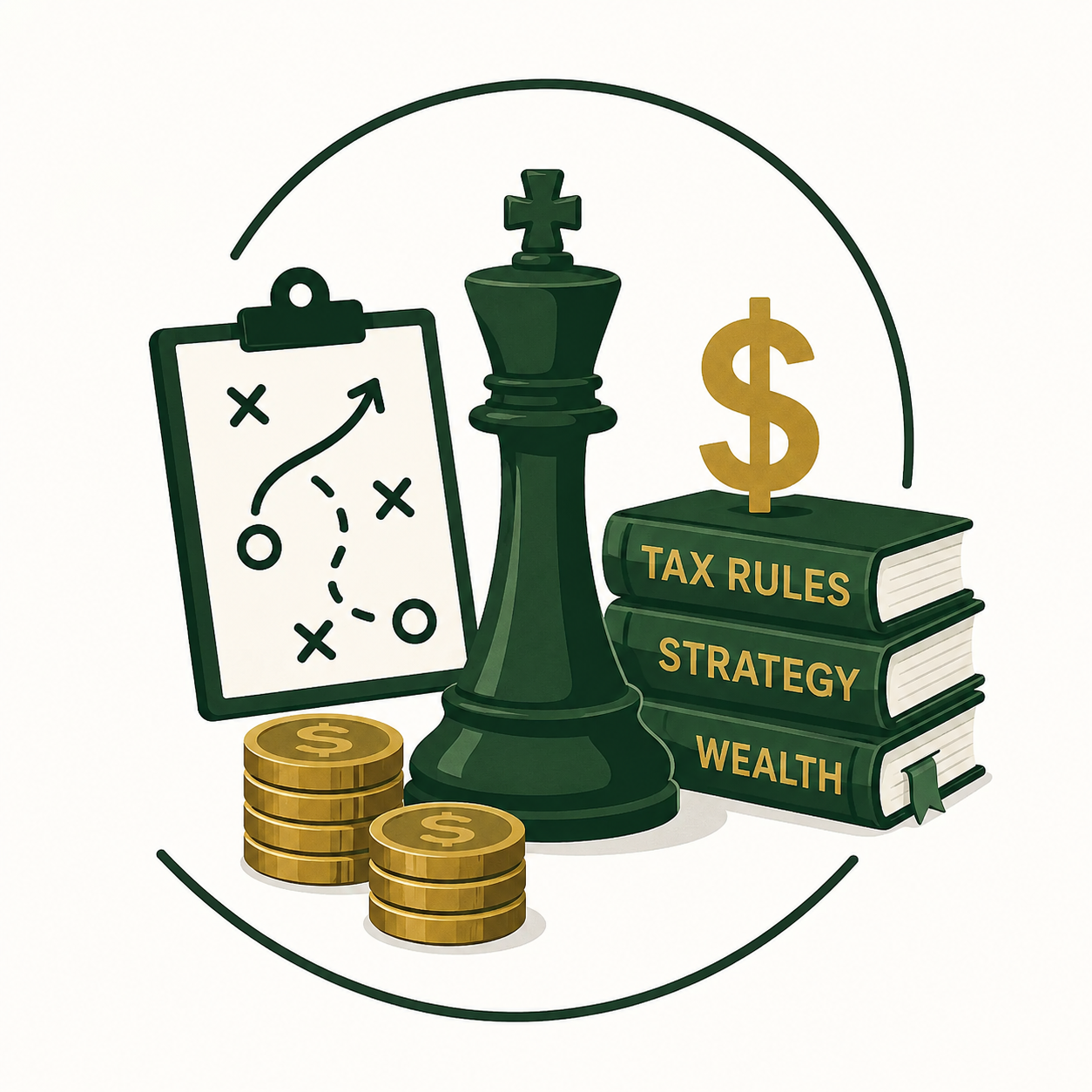 Wealth strategy icon showing a chess king, financial planning board, tax strategy books, and gold coins, representing financial literacy, wealth-building, tax planning, and understanding the rules of money.