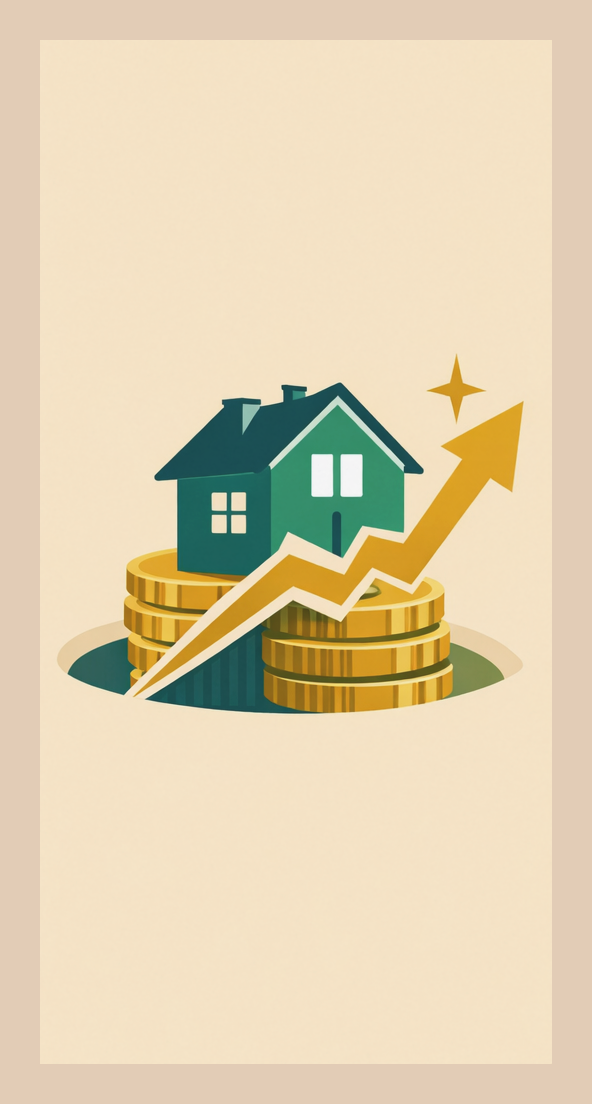 House sitting on coins with arrow increasing.