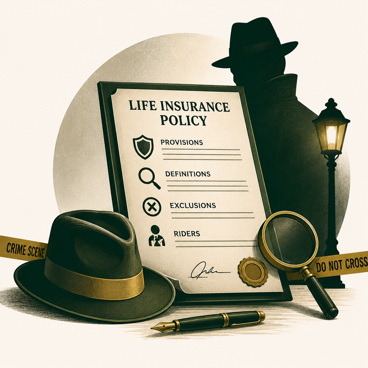 Life insurance contract illustration with detective, magnifying glass, and policy document, symbolizing insurance provisions, policy riders, exclusions, and informed financial decision-making.