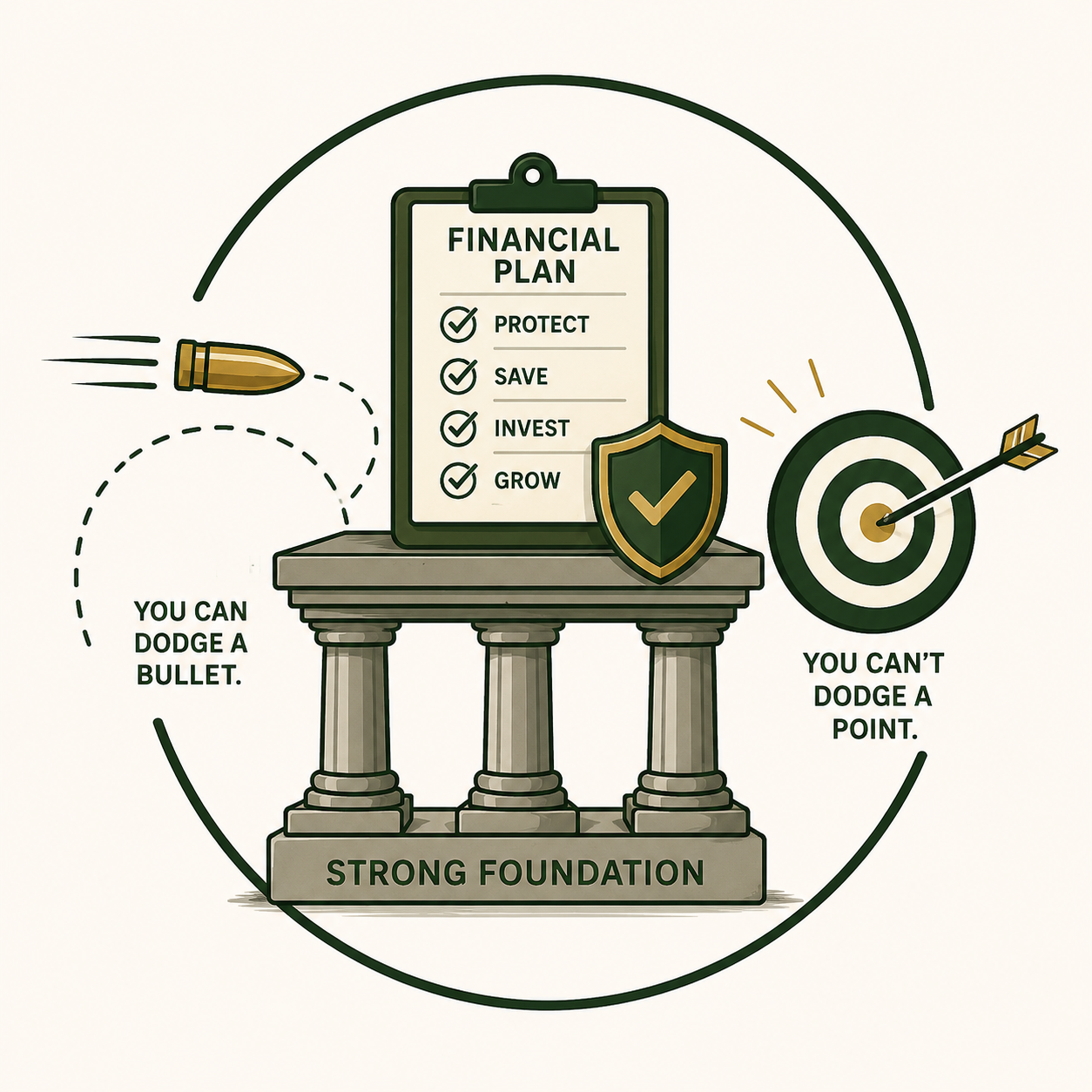 Financial planning icon showing a strong foundation, protection shield, goal target, and financial checklist, representing risk management, wealth protection, and long-term financial security.