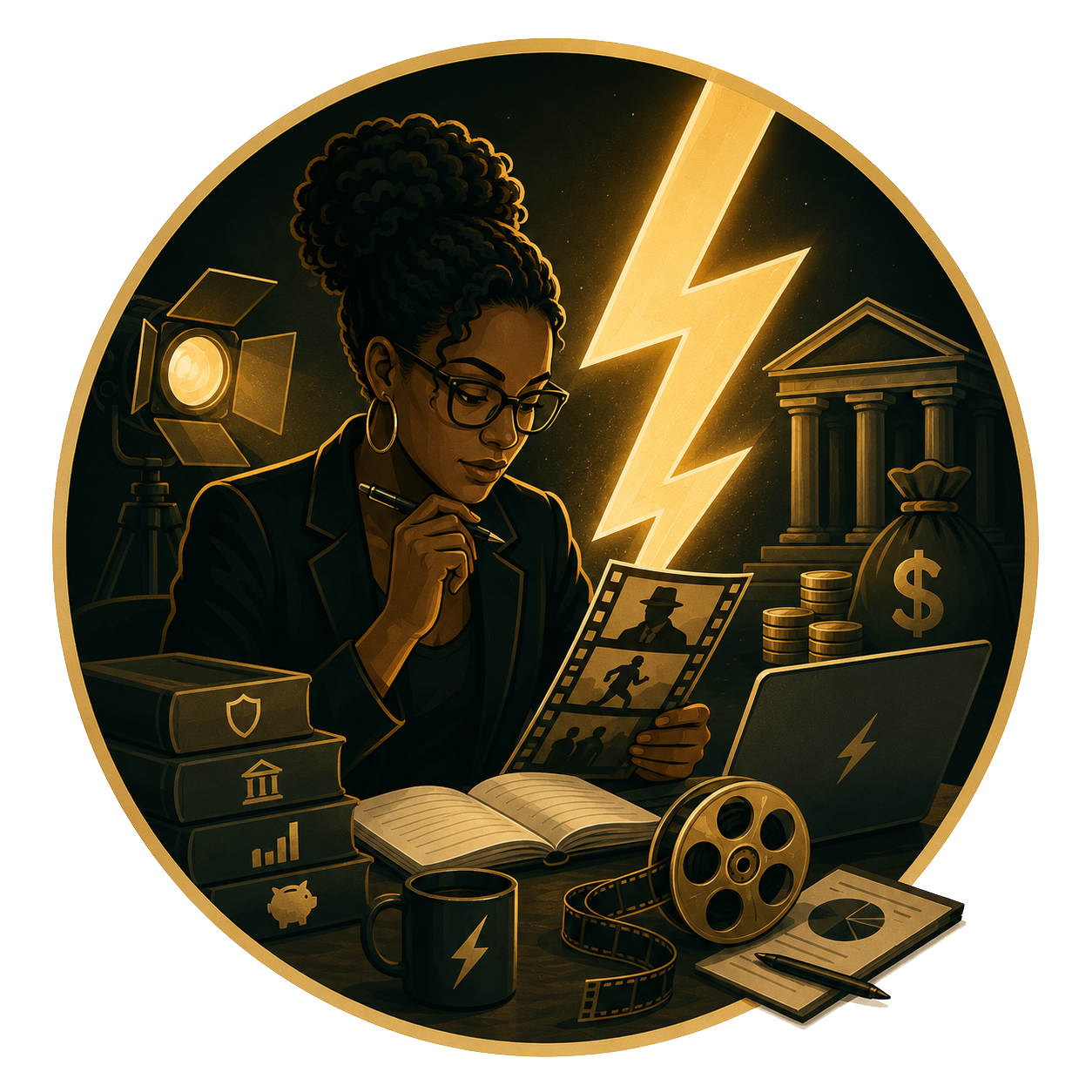 Woman analyzing films with lightning flash in the background and money bags.