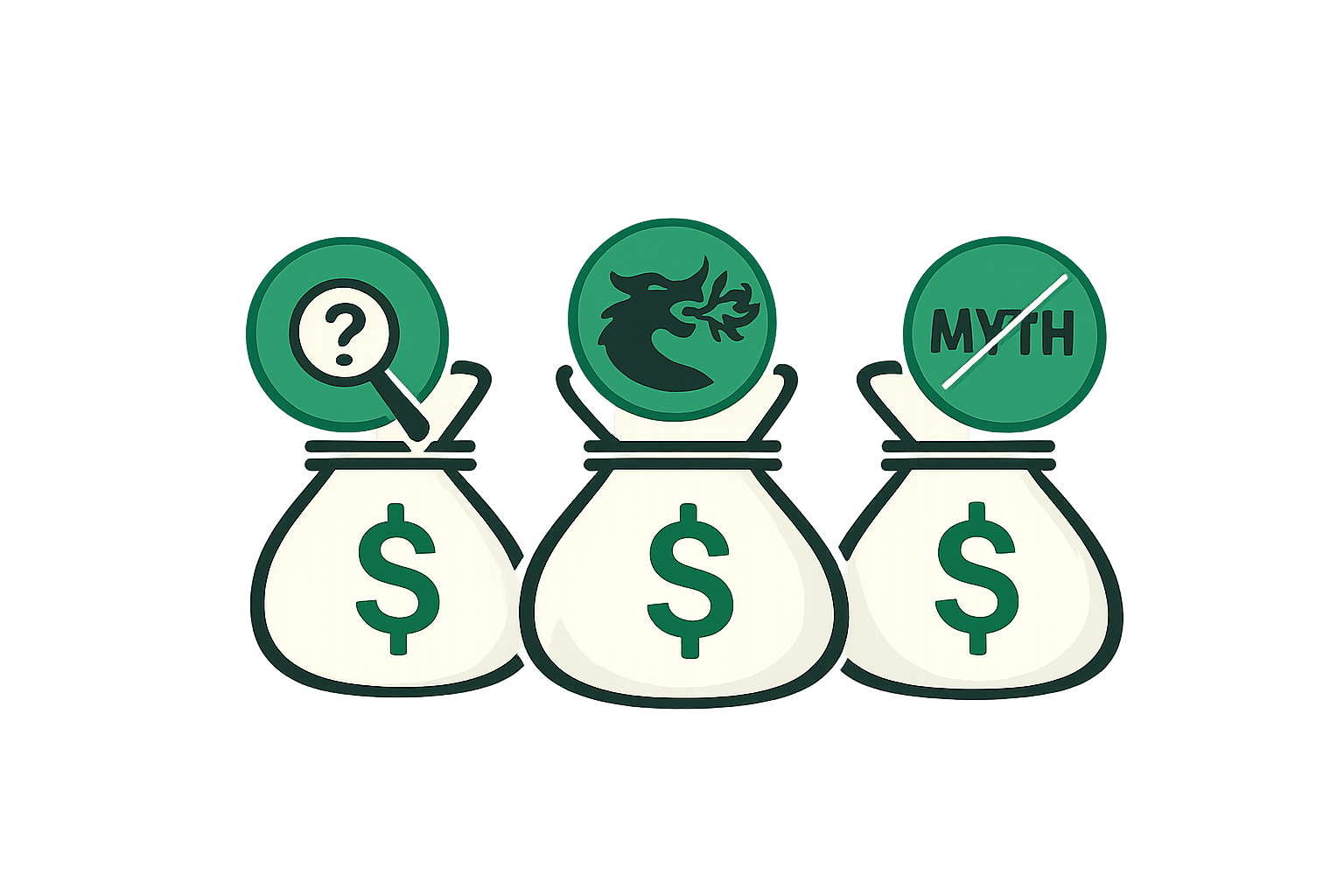 Three money bags with magnifying glass, dragon, and myth written on them.