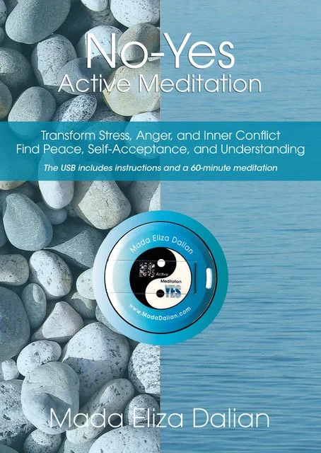 Cover of a book titled 'No-Yes Active Meditation' by Mada Eliza Dalian, featuring a background of grey pebbles on the left and a blue wooden surface on the right, with a medallion in the center.