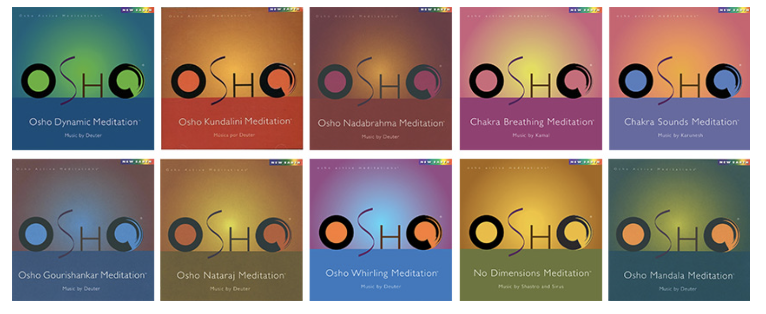 A collection of ten album covers for Osho meditation music, each featuring the Osho logo and titled with different types of meditation such as Dynamic, Kundalini, Nadabrahma, Chakra Breathing, Chakra Sounds, Gourishankar, Nataraj, Whirling, No Dimensions, and Mandala. The covers have colorful backgrounds with variations in color schemes.