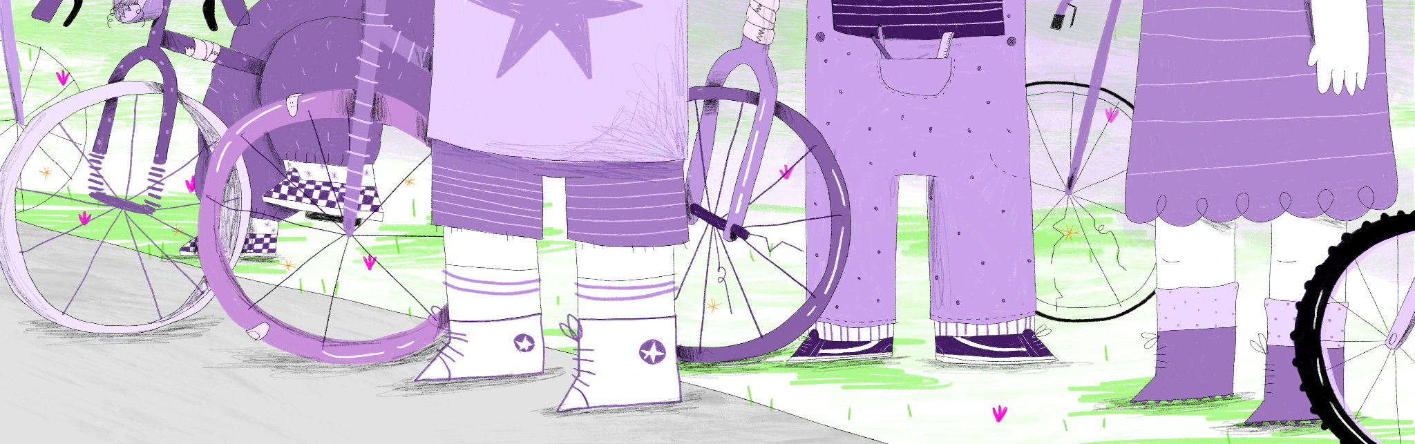 Close-up illustration of several purple objects including a wheelchair, a star decoration, shoes, and parts of people wearing purple clothing, set outdoors with grass and small pink flowers.