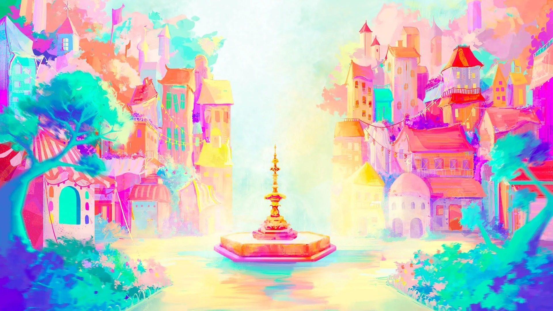Colorful digital painting of a whimsical cityscape with tall, fantasy-style buildings, a central fountain, and vibrant trees along a canal.