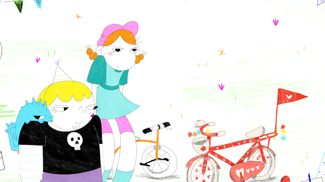 Three cartoon girls with colorful hair and clothing, standing outdoors near two bicycles, one with a red flag, surrounded by small decorative shapes.