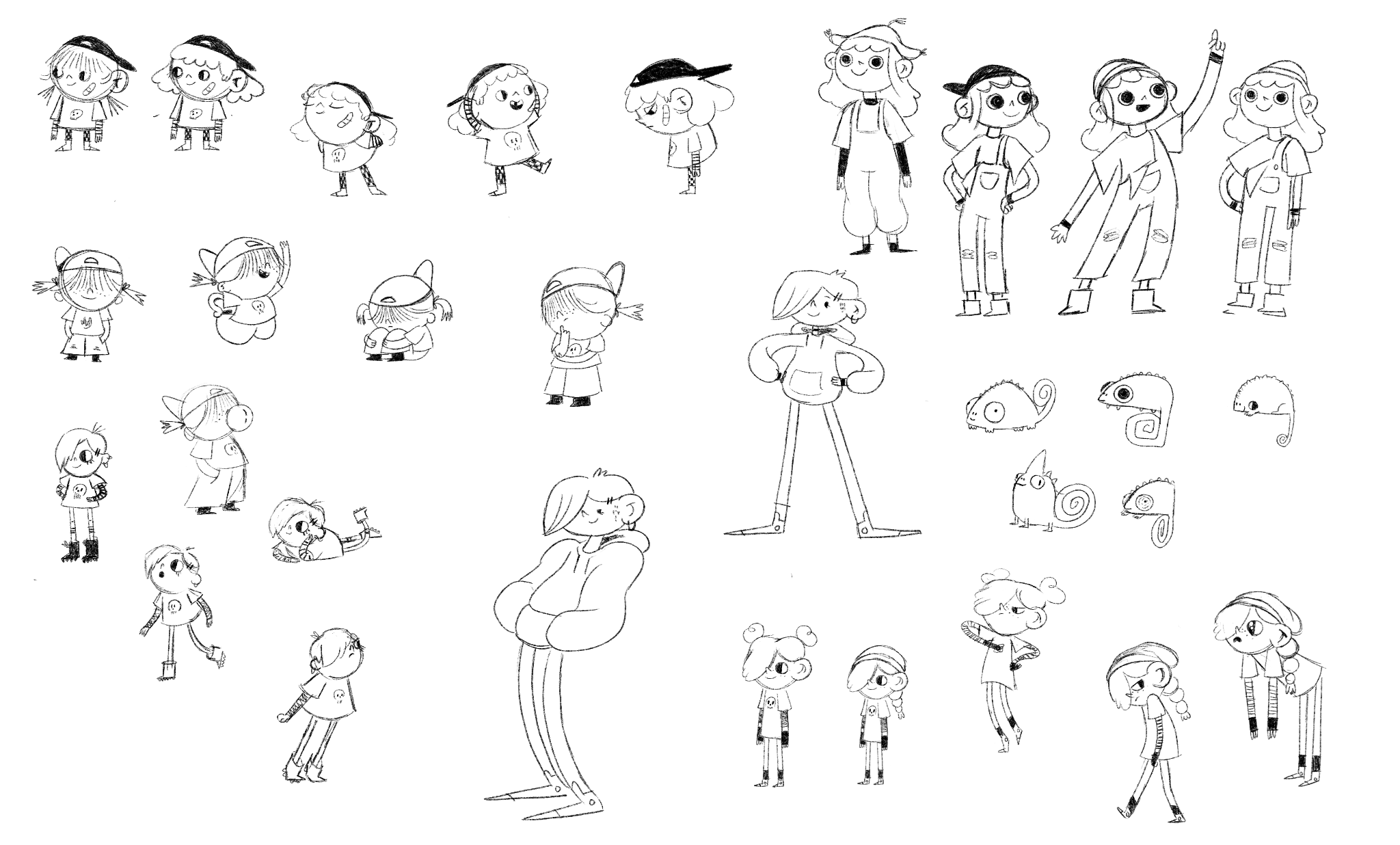 Collection of black and white sketches of a girl with different poses, expressions, and outfits, along with some small animals and a larger girl with her arms crossed.