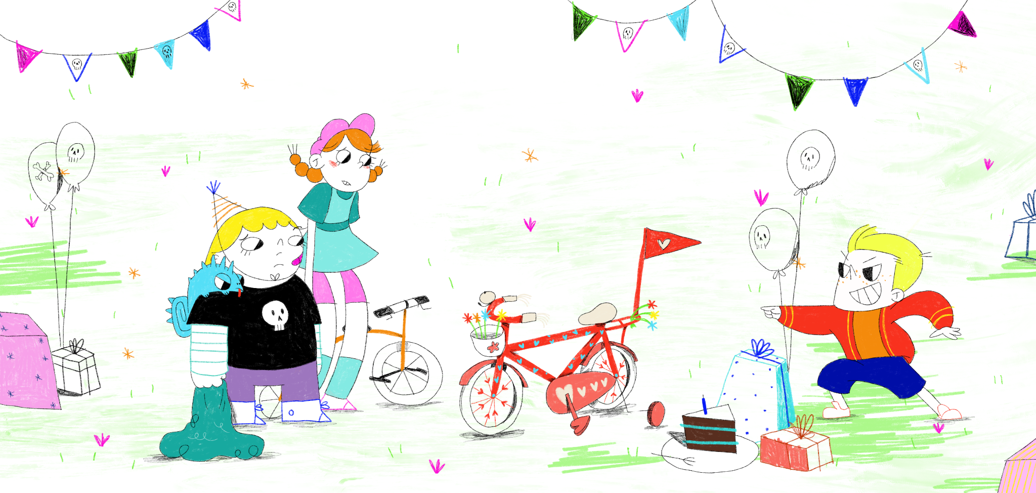 Children at a birthday party outdoors with balloons, wrapped gifts, and decorated bicycles. One boy is pointing at the girl with balloons, and the girls are standing with bikes and a stuffed toy on the girl's shoulder.