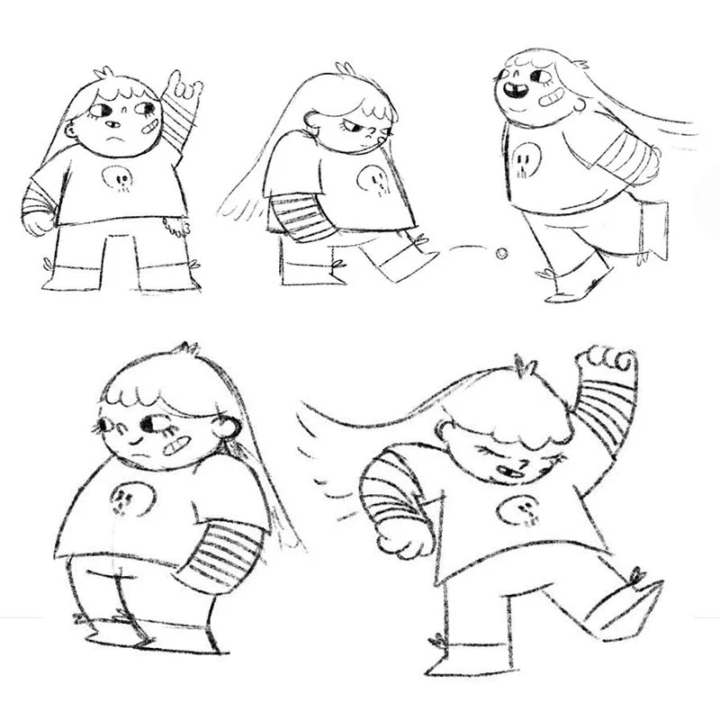Series of five black and white sketches of a cartoon girl in different poses and expressions, wearing a shirt with a skull on it and striped sleeves.