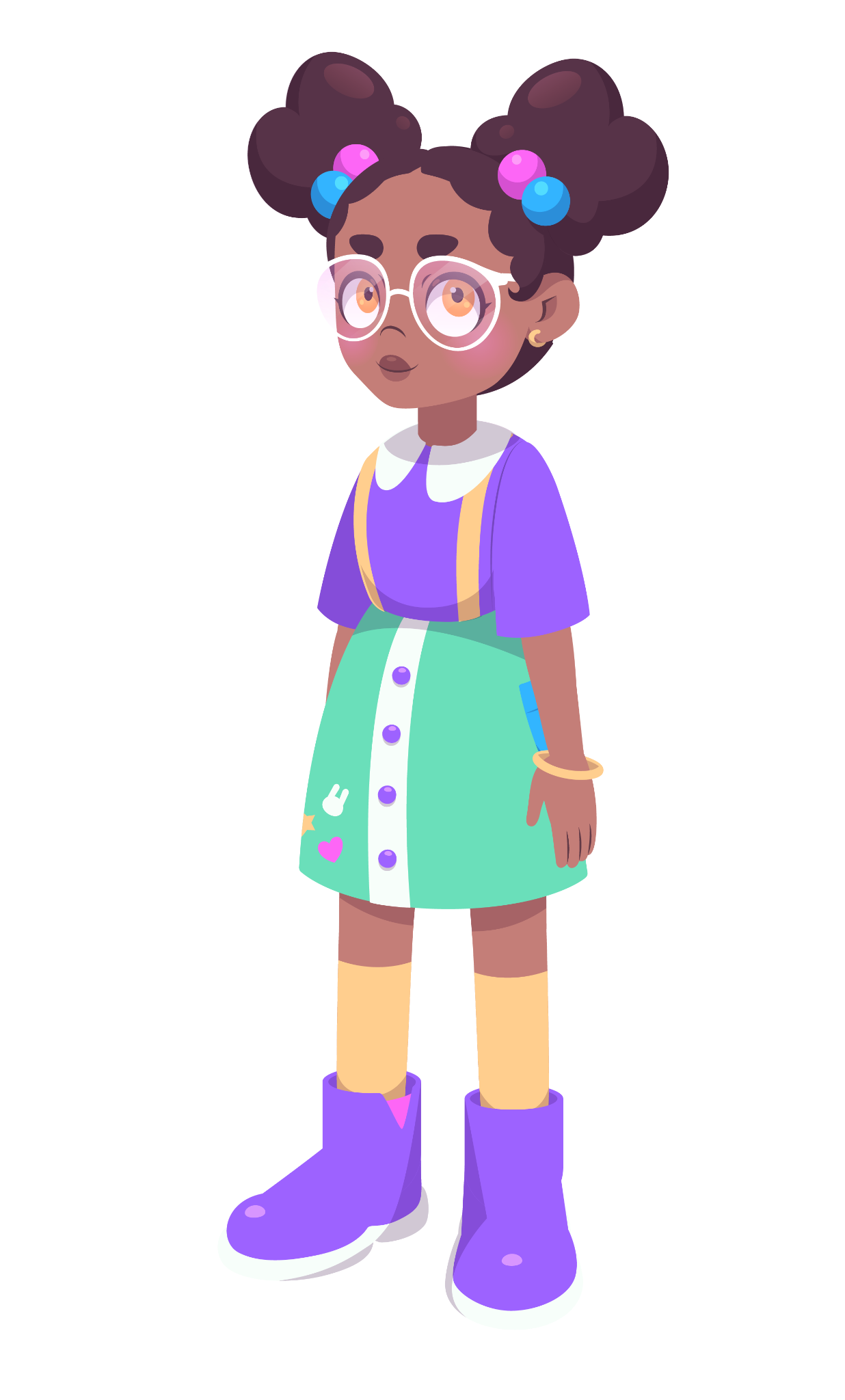 Cartoon girl with curly hair in buns, wearing glasses, purple jacket over white shirt, mint green skirt, purple boots, standing next to a brown desk.