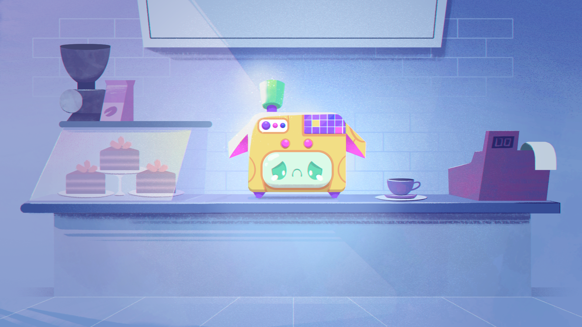A cartoon-style cafe scene with a coffee machine shaped like a sad, colorful robot with teardrop eyes, a cup of coffee on a saucer, a cash register, and cake slices on display.