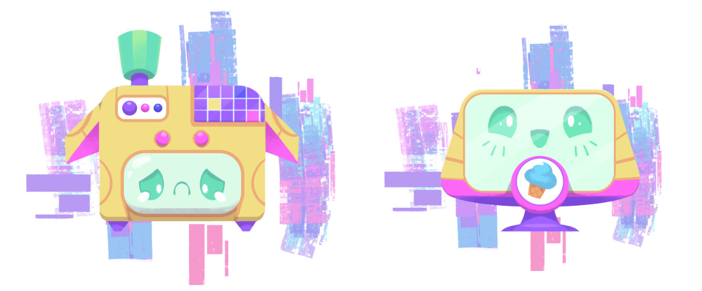 Two cartoon-style digital illustrations of cute, animated robots with soft pastel colors. The robot on the left is yellow with purple and pink accents, and has a sad face with teardrop eyes, a small green hat, and a square body. The robot on the right is yellow with a teal face, smiling with blushing cheeks, and has a hovering ice cream cone on its chest, with a city skyline in the background.