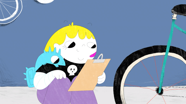 Animation of a girl with blonde hair, holding a black cat with blue fur, sitting next to a bicycle.
