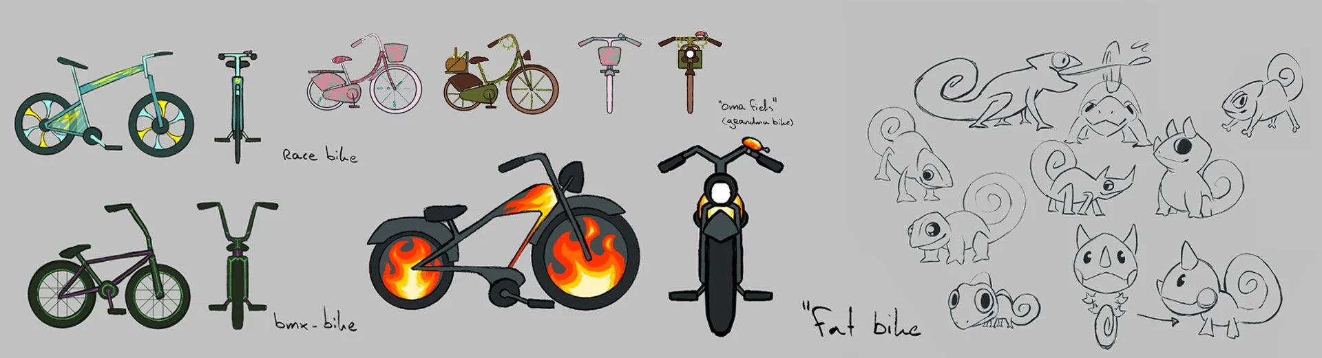 Collection of various bikes, including race bike, BMX bike, oma field bike, fat bike, and a flaming bike, with sketches of chameleons and drawings of chameleons on a gray background.