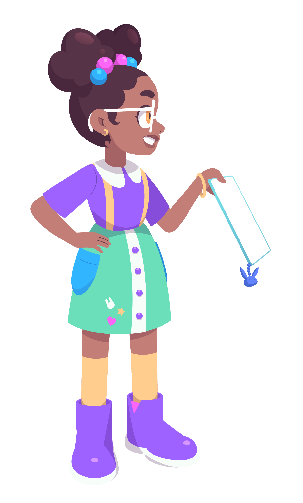 A cartoon girl with glasses, curly hair decorated with colorful beads, wearing a purple shirt, green skirt with patches, yellow suspenders, and purple boots, standing at a desk with a tablet device.