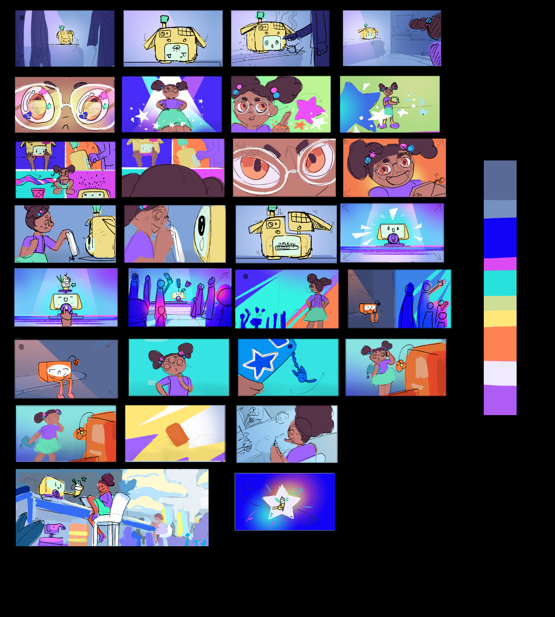 A series of colorful cartoon illustrations showcasing a girl and a robot in various scenes involving creativity, discovery, and technology, including a space-themed setting and a cityscape.