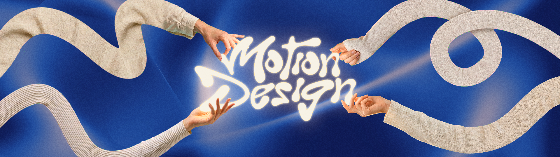 Four hands reaching toward each other on a blue background with a swirling ribbon, with glowing text that reads 'Motion Design' in the center.