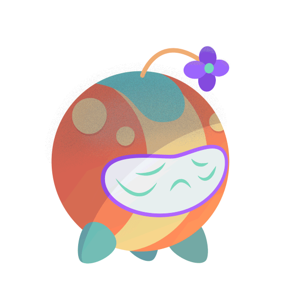 A cute, round animated character resembling a cherry with closed eyes, a purple flower on top, and small fins.