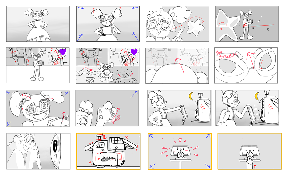 Storyboard of a girl with pigtails and glasses, exploring a star, taking selfies with a phone, and interacting with a robot camera, ending with a close-up of the robot's face and girl pointing at it.