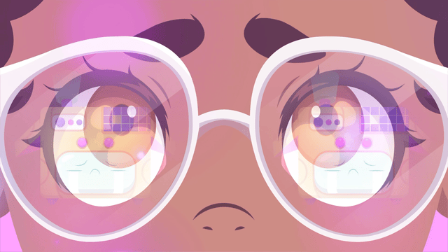 Close-up illustration of a person's eyes and glasses, showing reflections of a digital game on the lenses.
