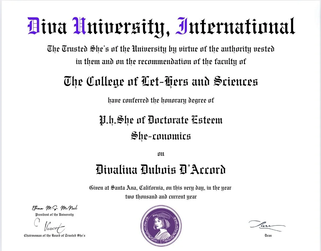 Diploma from Diva University, International, awarded to Divalina Dubois D'Accord, signed by university officials, with a purple seal and a portrait of a woman.