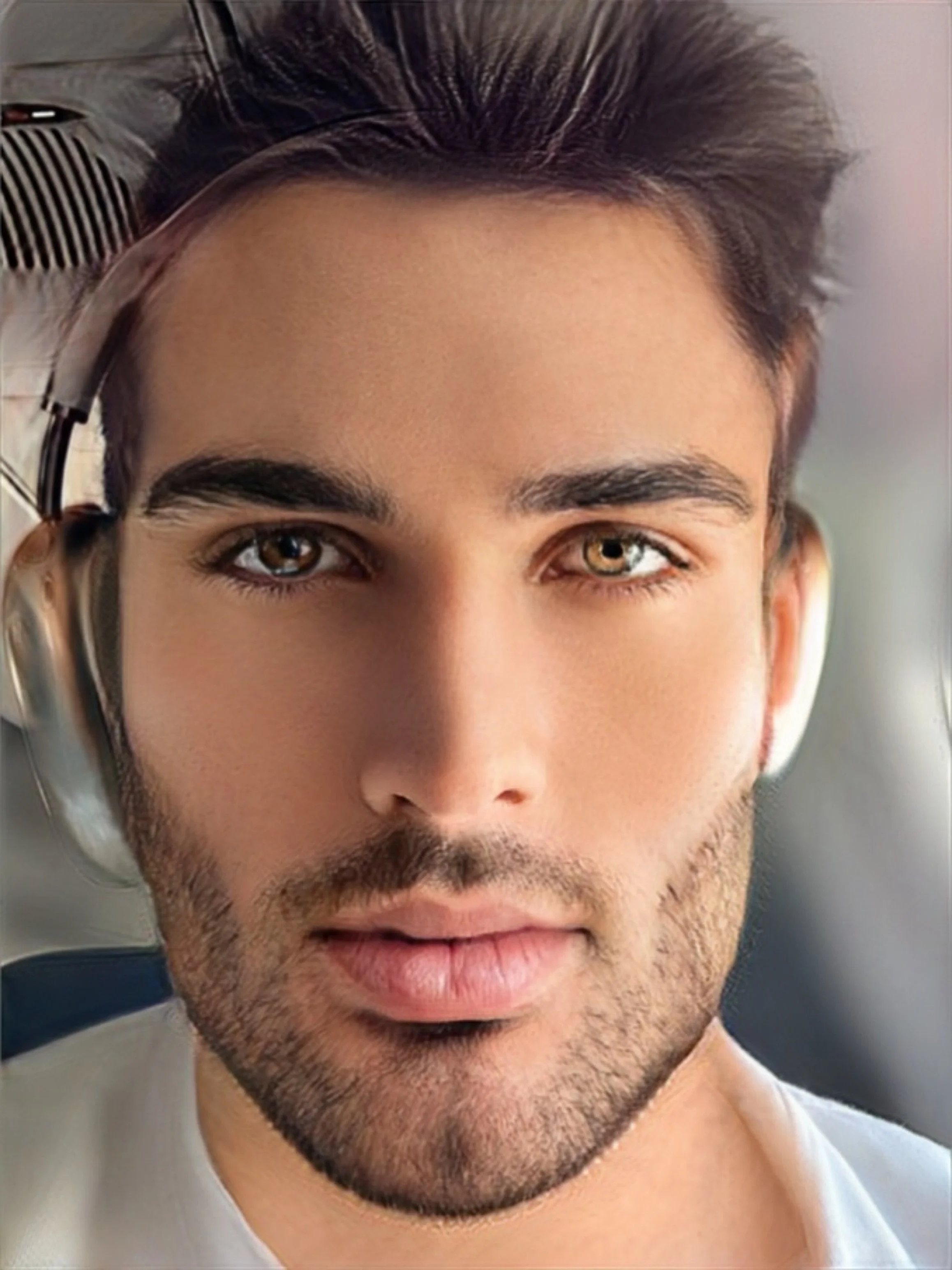 Close-up of a young man's face with dark hair, hazel eyes, a light beard, and wearing headphones, sitting in an airplane seat.