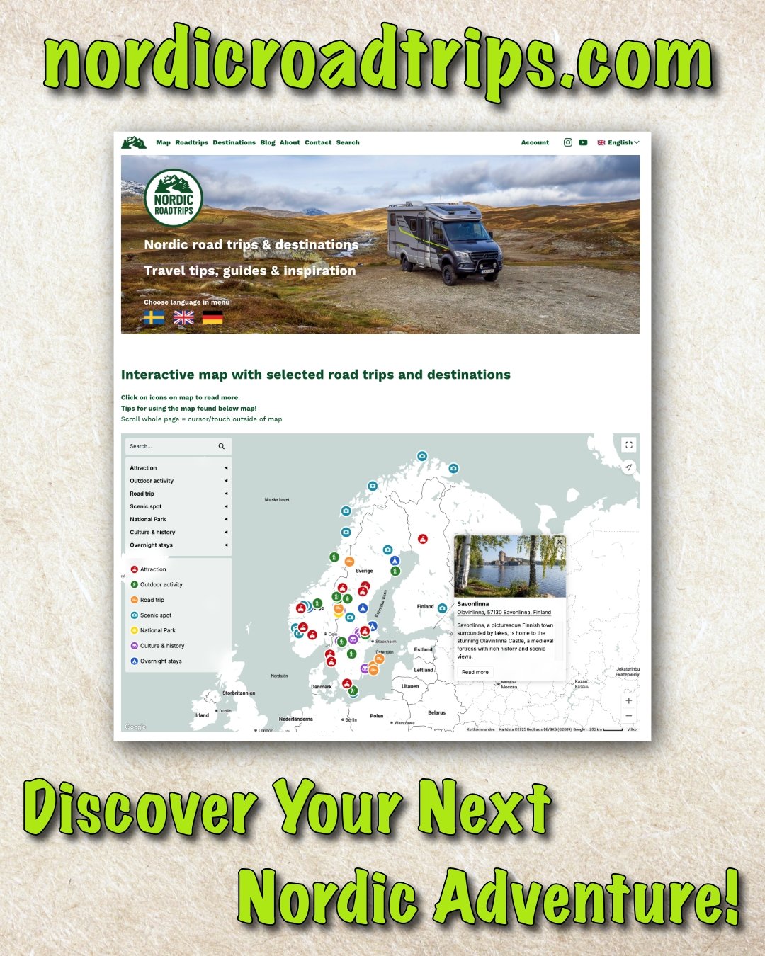 Looking for your next adventure? 🌍🚐

nordicroadtrips.com makes exploring the Nordics easy and exciting! Find complete road trip routes, must-see places, overnight spots, and insider tips &mdash; everything you need for an unforgettable journey thro