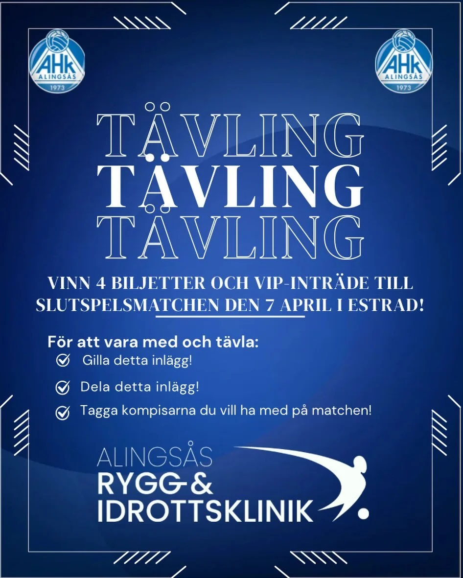 T&Auml;VLING!!! 

Herrarna i AHK har g&aring;tt till slutspel i Handbollsligan och spelar kvartsfinal 2 hemma i Estrad! 

Vi kommer att lotta ut 4 biljetter, till dig och dina v&auml;nner, det ing&aring;r &auml;ven intr&auml;de till VIP-en innan matc